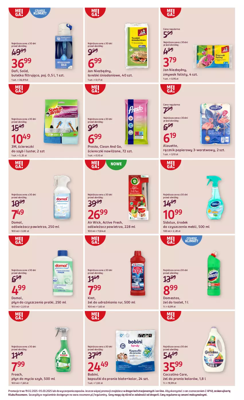 Gazetka promocyjna Rossmann - 19 lutego - ważna 19.02 do 05.03.2025 - strona 12 - produkty: Air Wick, Alouette, Coccolino, Danio, Domestos, Domol, Fa, Frosch, Jan Niezbędny, Kapsułki do prania, Kret, Odświeżacz powietrza, Papier, Płyn do mycia, Pralki, Presto, Ręcznik, Sidolux