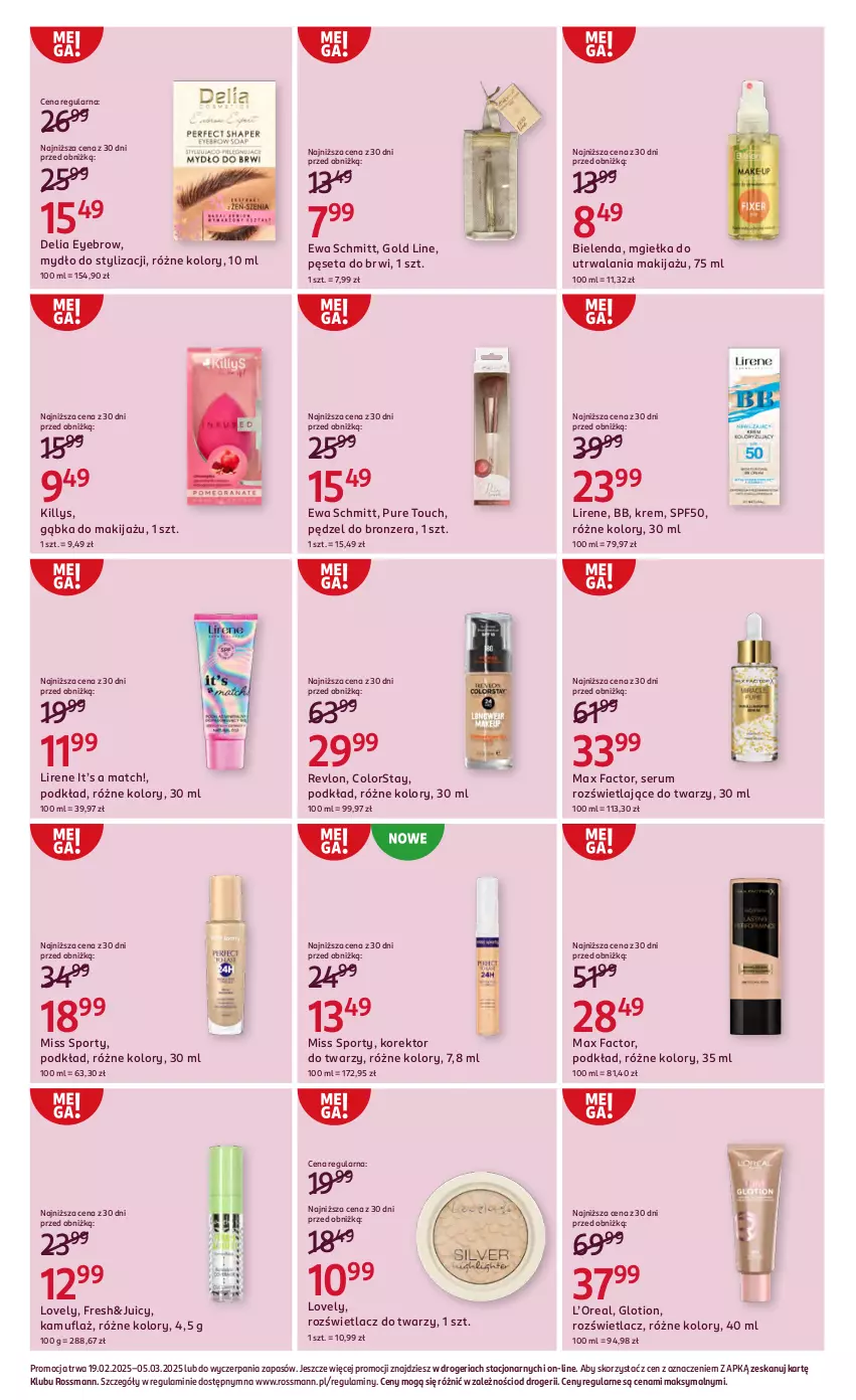 Gazetka promocyjna Rossmann - 19 lutego - ważna 19.02 do 05.03.2025 - strona 3 - produkty: Bielenda, Bronzer, Ewa Schmitt, Fa, Killys, Korektor do twarzy, Lirene, Lovely, Makijaż, Max Factor, Miss Sporty, Mydło, Pęseta, Podkład, Por, Pur, Revlon, Rozświetlacz, Rum, Ser, Serum, Sport