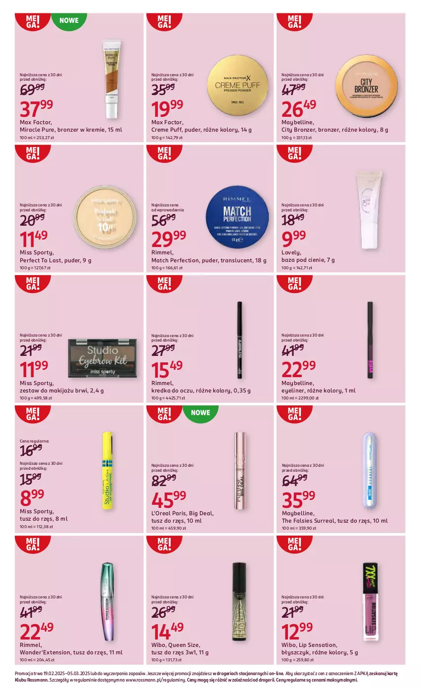 Gazetka promocyjna Rossmann - 19 lutego - ważna 19.02 do 05.03.2025 - strona 5 - produkty: Bell, Bronzer, Fa, Kredka, Lovely, Makijaż, Max Factor, Maybelline, Miss Sporty, Por, Puder, Puf, Pur, Sati, Sport, Tran, Tusz, Wibo