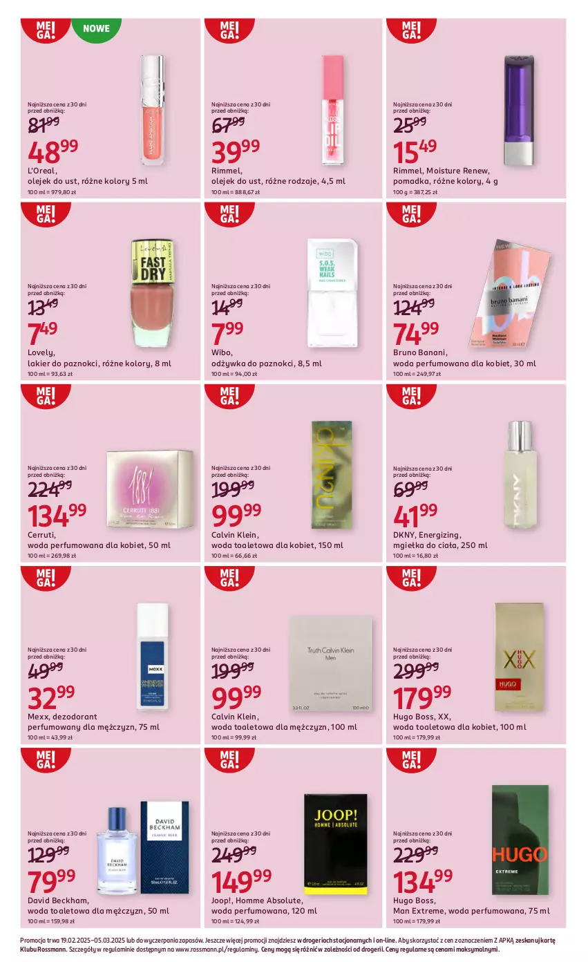 Gazetka promocyjna Rossmann - 19 lutego - ważna 19.02 do 05.03.2025 - strona 6 - produkty: Absolut, Bruno Banani, Calvin Klein, Cerruti, David Beckham, Dezodorant, DKNY, Hugo Boss, JOOP!, Lakier, Lakier do paznokci, Lovely, Mexx, Odżywka, Olej, Perfum, Wibo, Woda, Woda perfumowana, Woda toaletowa