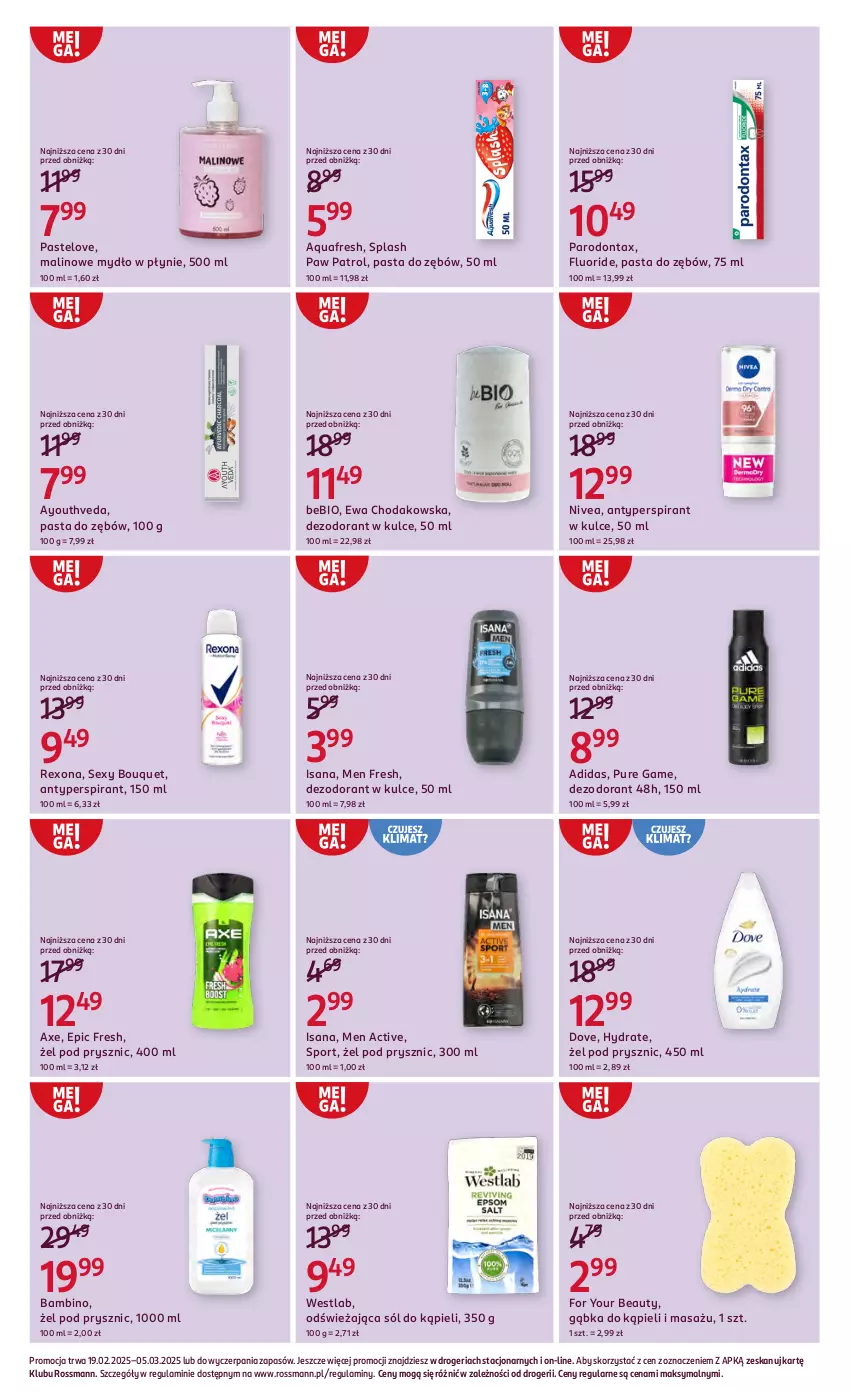 Gazetka promocyjna Rossmann - 19 lutego - ważna 19.02 do 05.03.2025 - strona 8 - produkty: Adidas, Antyperspirant, Aquafresh, Dezodorant, Dove, For Your Beauty, Isana, Mydło, Mydło w płynie, Nivea, Parodontax, Pasta do zębów, Por, Pur, Rexona, Sól, Sól do kąpieli, Sport