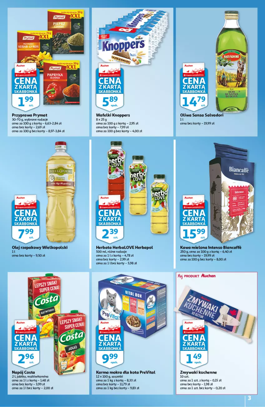 Gazetka promocyjna Auchan - Skarbonka #18 - ważna 05.05 do 11.05.2022 - strona 3 - produkty: Gin, Gyros, Herbapol, Herbata, Kawa, Kawa mielona, Kebab, Knoppers, Napój, Olej, Olej rzepakowy, Prymat, Zmywaki kuchenne