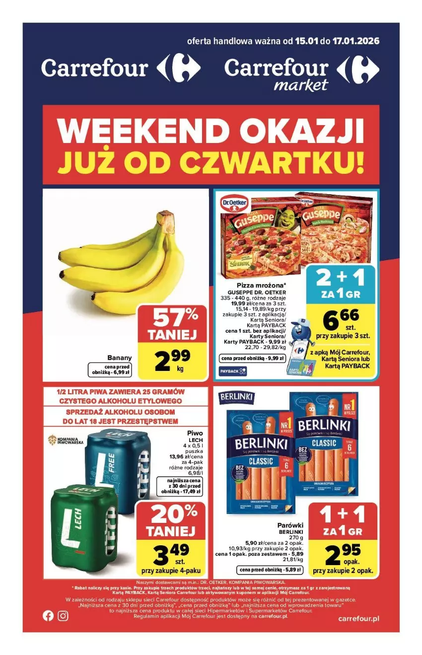 Gazetka promocyjna Carrefour - Gazetka Weekend okazji już od czwartku! - ważna 15.01 do 17.01.2026 - strona 1 - produkty: Berlinki, Parówki, Piwo, Pizza