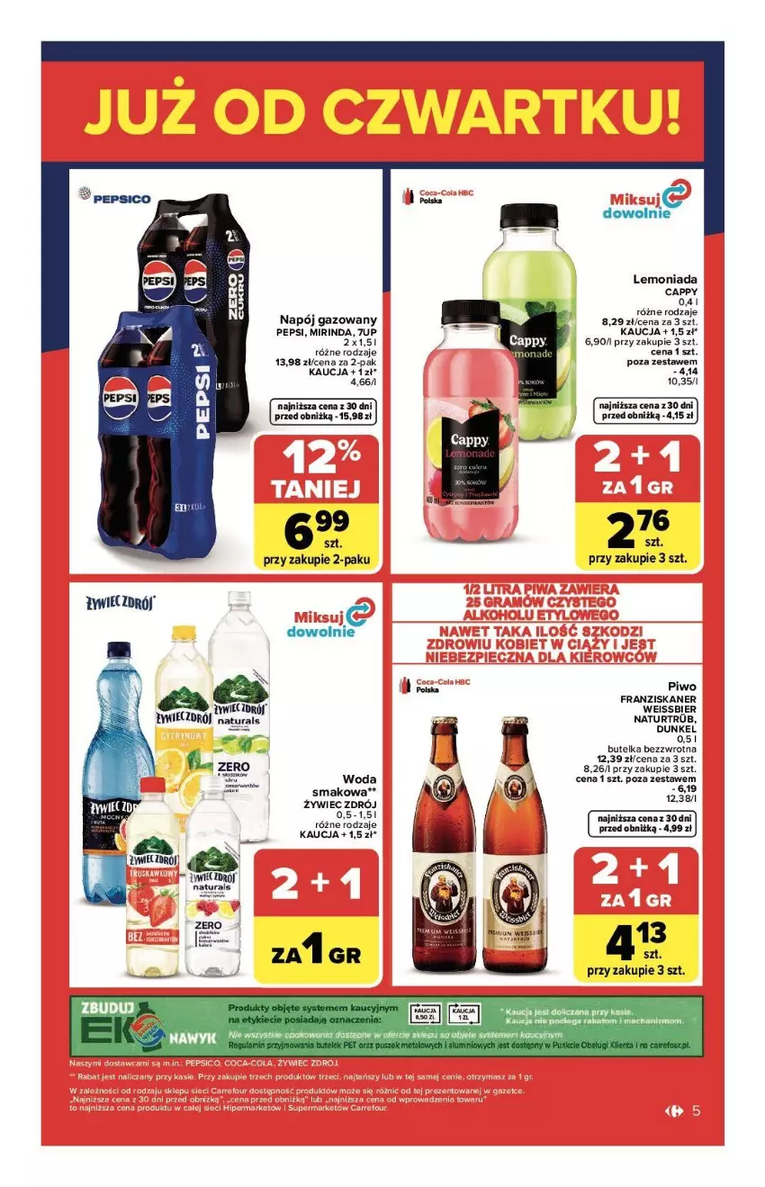 Gazetka promocyjna Carrefour - Gazetka Weekend okazji już od czwartku! - ważna 15.01 do 17.01.2026 - strona 5 - produkty: 7up, Cappy, Coca-Cola, Fa, Lemoniada, Mirinda, Napój, Napój gazowany, Pepsi, Por, Ser, Skaner, Woda