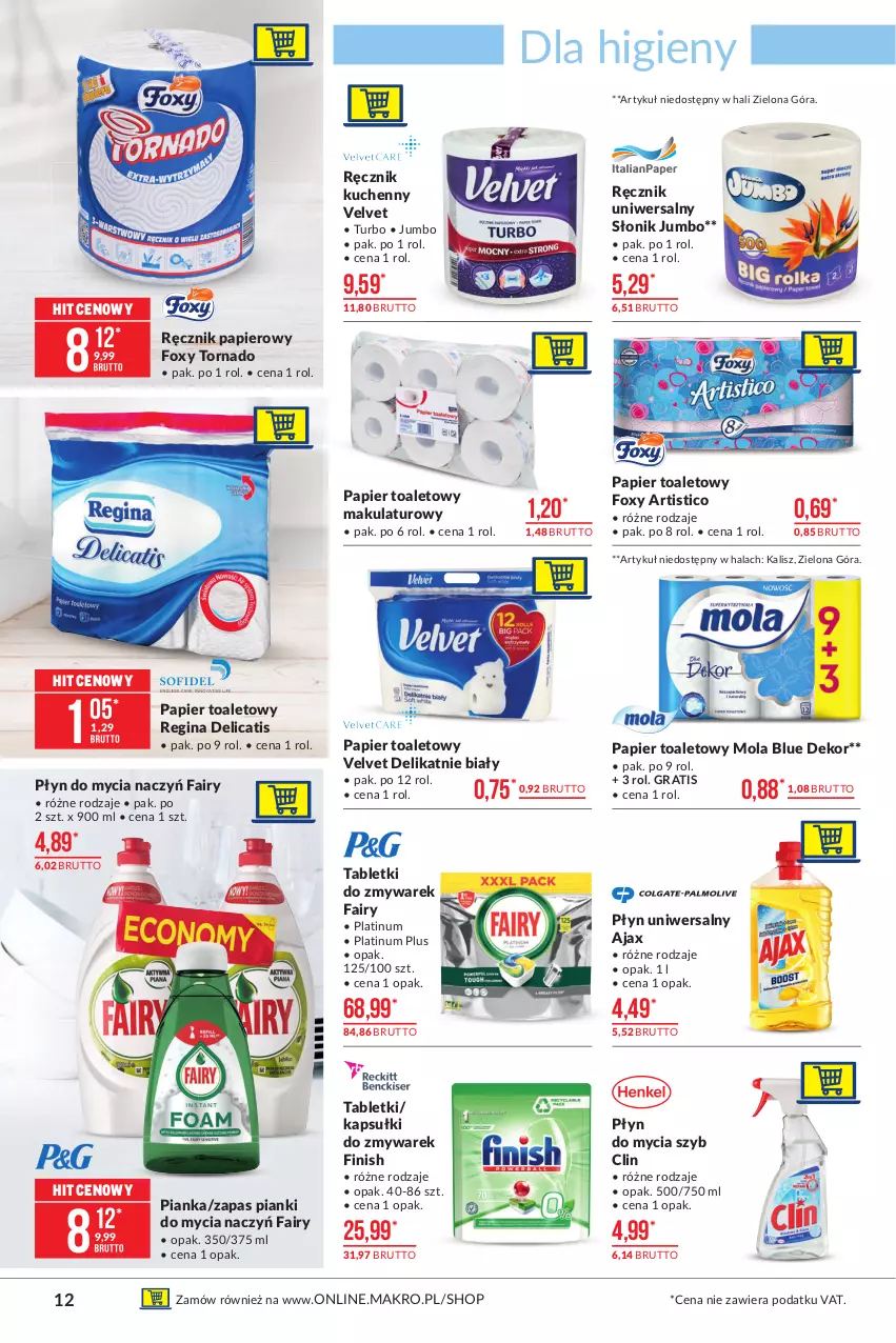 Gazetka promocyjna Makro - [Oferta promocyjna] Artykuły spożywcze - ważna 19.04 do 03.05.2021 - strona 12 - produkty: Ajax, Clin, Do mycia naczyń, Fa, Fairy, Finish, Foxy, Gin, Gra, Mola, Papier, Papier toaletowy, Płyn do mycia, Płyn do mycia naczyń, Ręcznik, Ręcznik kuchenny, Tablet, Velvet