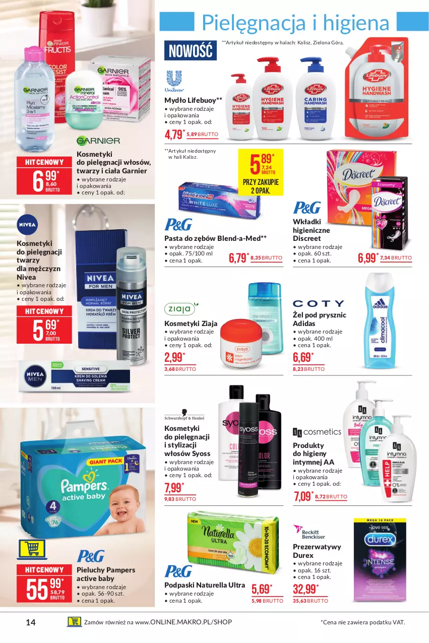 Gazetka promocyjna Makro - [Oferta promocyjna] Artykuły spożywcze - ważna 19.04 do 03.05.2021 - strona 14 - produkty: Adidas, Blend-a-Med, Discreet, Durex, Garnier, Kosmetyki do pielęgnacji, Mydło, Naturell, Naturella, Nivea, Pampers, Pasta do zębów, Pieluchy, Podpaski, Prezerwatyw, Syoss, Wkładki, Ziaja