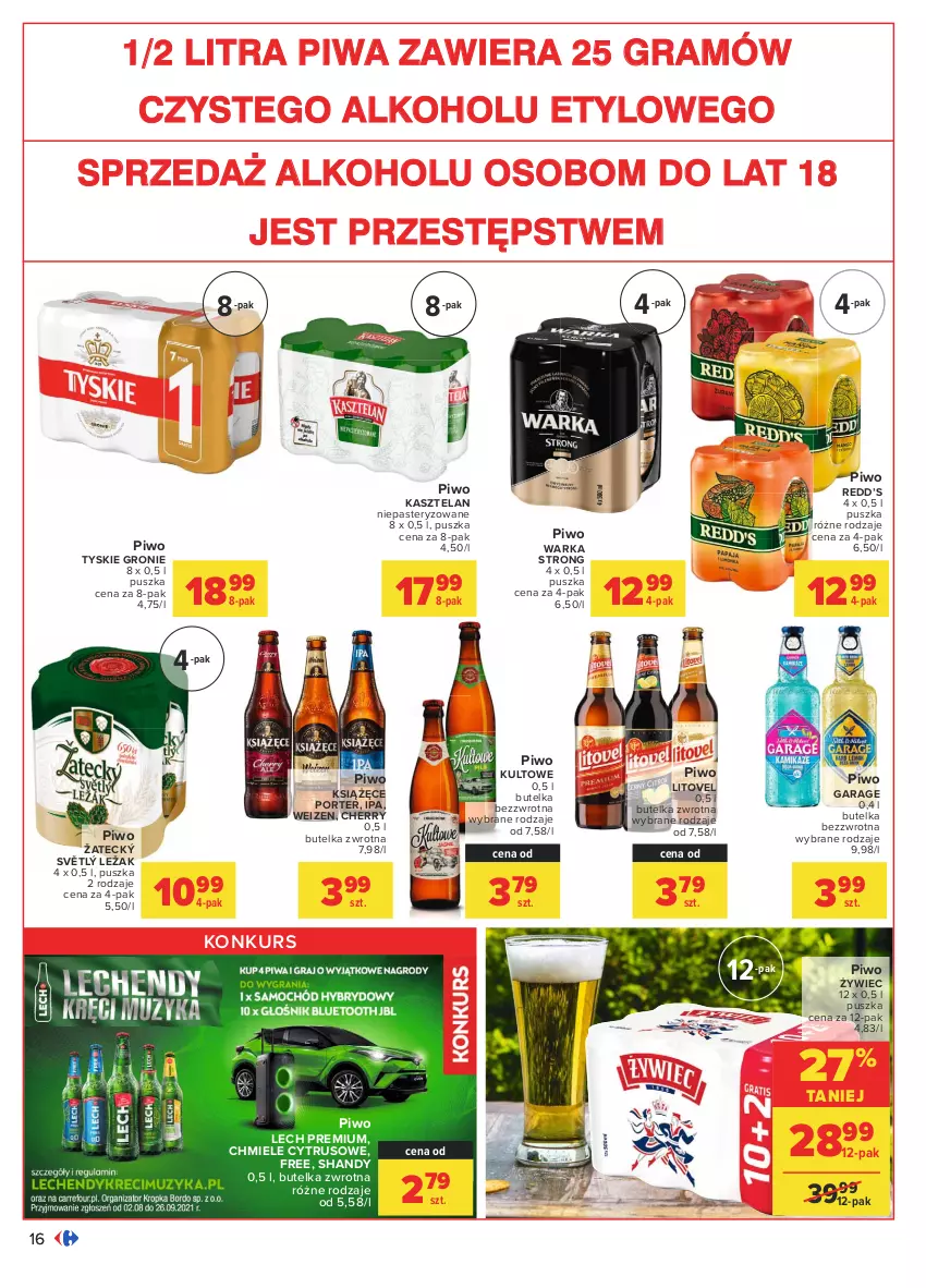 Gazetka promocyjna Carrefour - Gazetka Carrefour - ważna 09.08 do 21.08.2021 - strona 16 - produkty: Gra, Kasztelan, Książęce, Lech Premium, Piwa, Piwo, Por, Tyskie, Warka