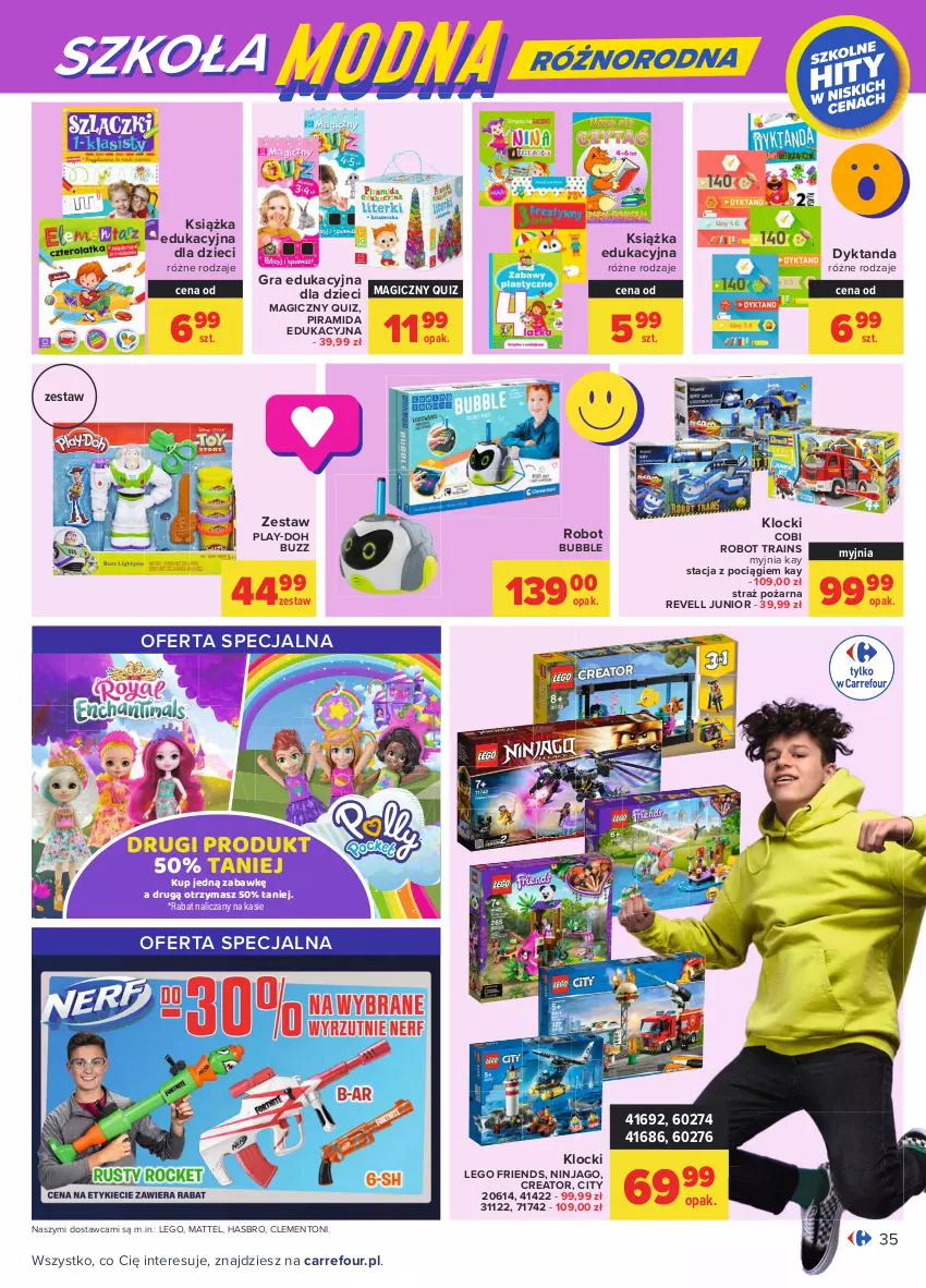 Gazetka promocyjna Carrefour - Gazetka Carrefour - ważna 09.08 do 21.08.2021 - strona 35 - produkty: Dzieci, Gra, Hasbro, Klocki, Książka, LEGO, LEGO Friends, Mattel, Play-Doh, Pociąg, Quiz, Robot, Straż pożarna