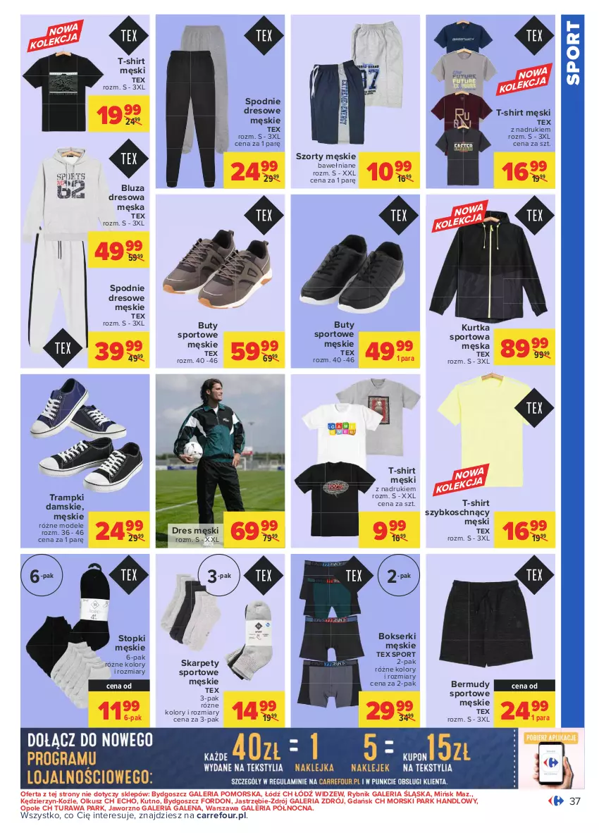 Gazetka promocyjna Carrefour - Gazetka Carrefour - ważna 09.08 do 21.08.2021 - strona 37 - produkty: Bermudy, Bluza, Bluza dresowa, Bokserki, Buty, Dres, Karp, Kurtka, Por, Ser, Spodnie, Spodnie dresowe, Sport, Szorty, T-shirt, Top, Trampki