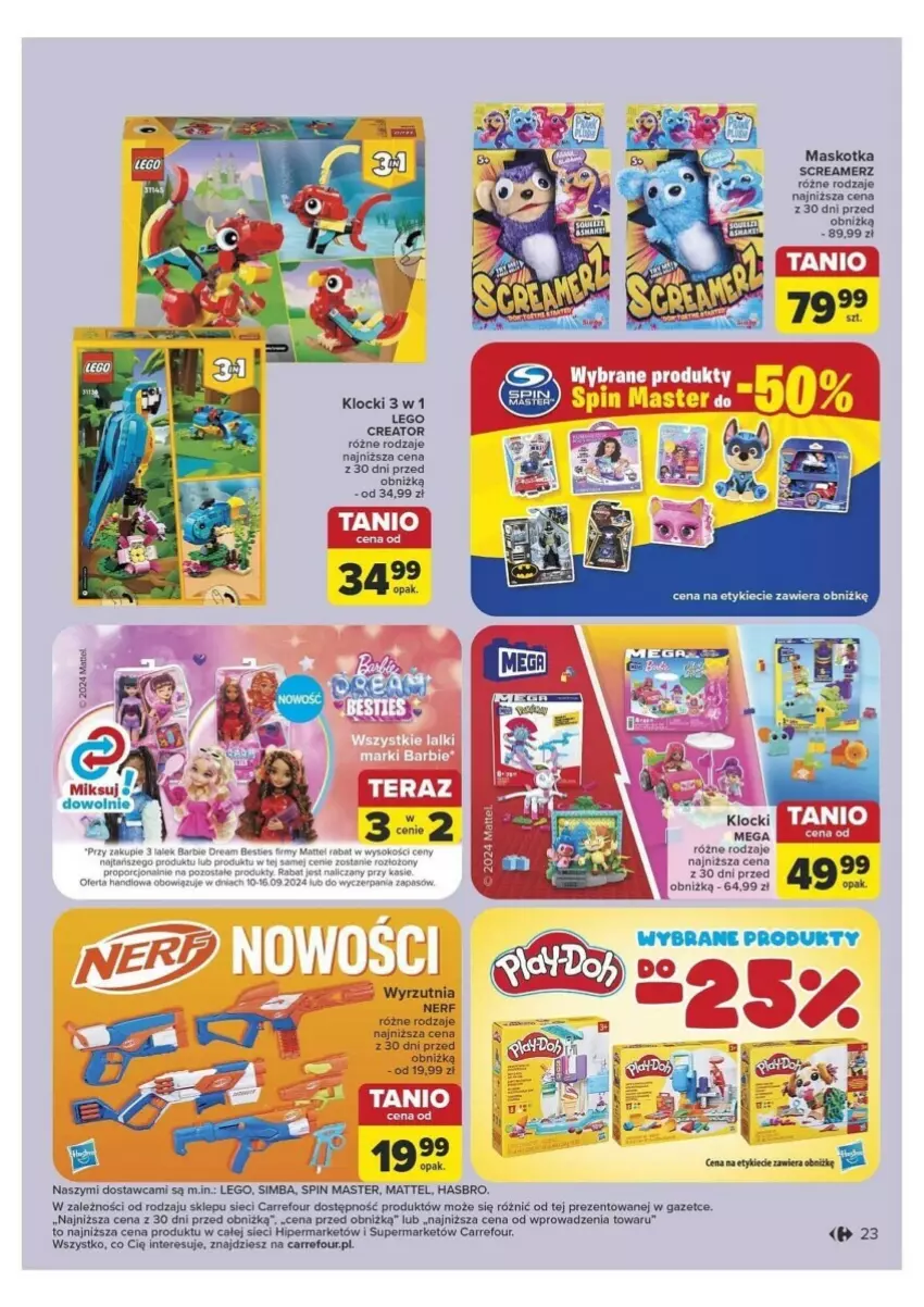 Gazetka promocyjna Carrefour - ważna 10.09 do 14.09.2024 - strona 16 - produkty: Fa, Hasbro, Klocki, LEGO, Mattel, Nerf, Por, Sok, Wyrzutnia