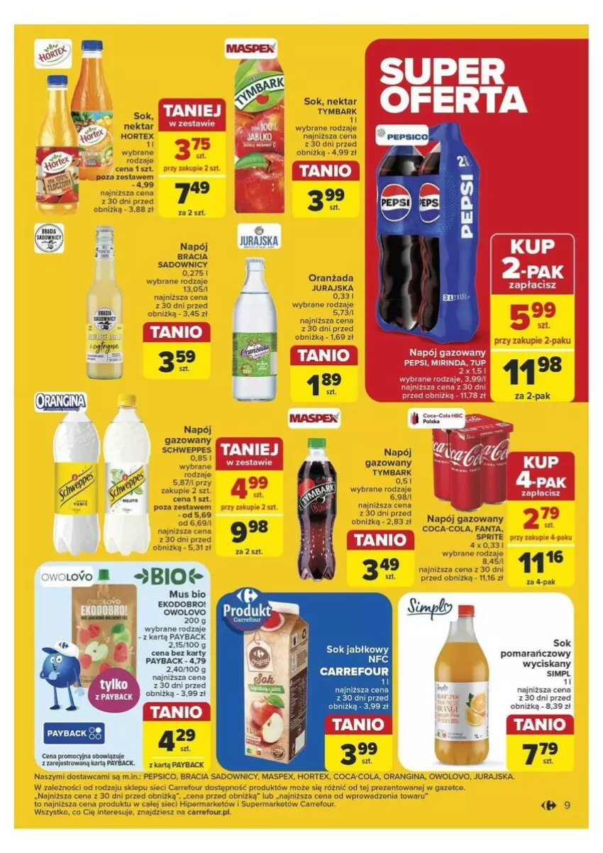 Gazetka promocyjna Carrefour - ważna 10.09 do 14.09.2024 - strona 39 - produkty: Coca-Cola, Fa, Fanta, Gin, Hortex, Mus, Napój, Napój gazowany, Nektar, Por, Schweppes, Sok, Sprite, Tymbark