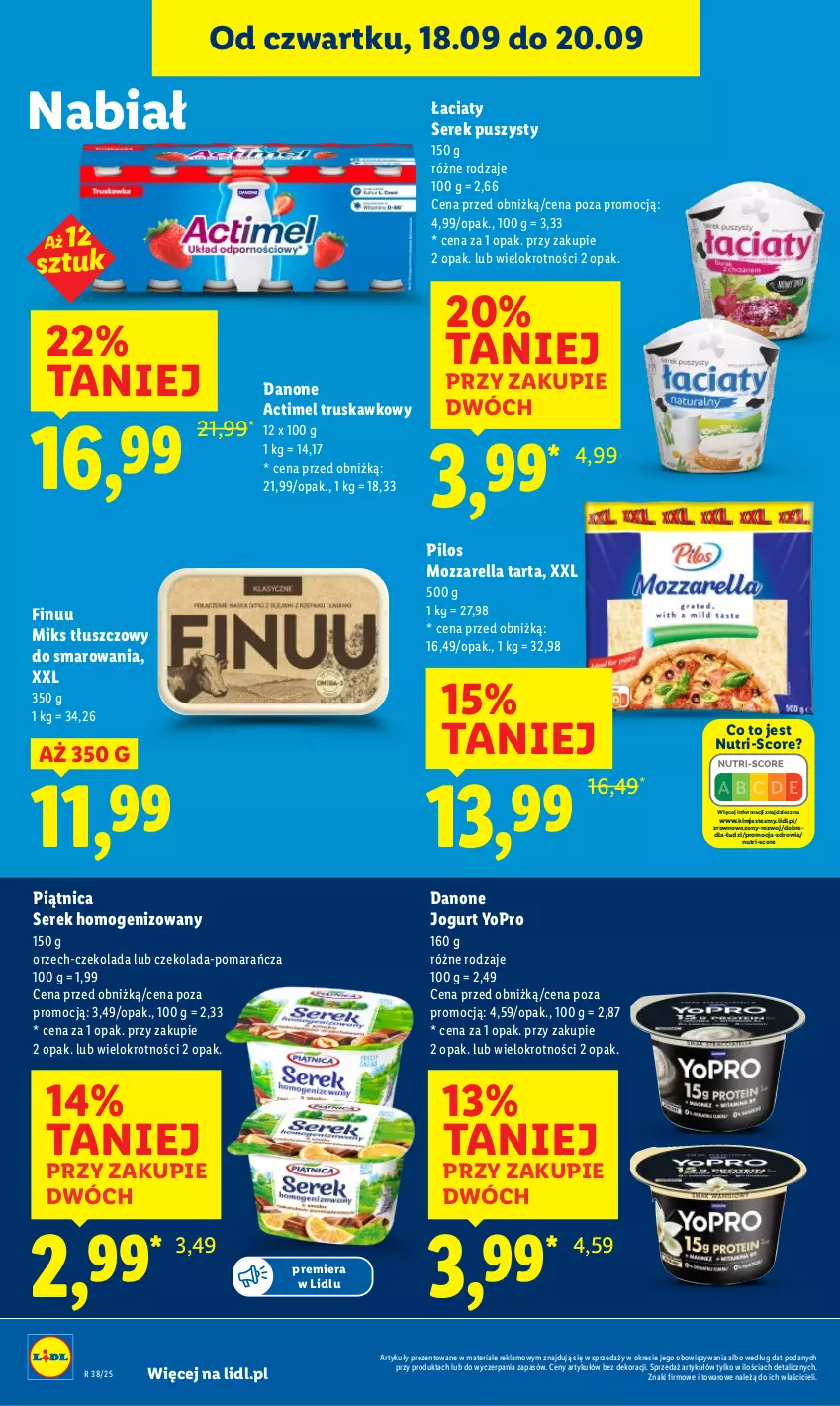Gazetka promocyjna Lidl - GAZETKA - ważna 18.09 do 20.09.2025 - strona 28 - produkty: Actimel, Czekolada, Danone, Finuu, Jogurt, Miks tłuszczowy, Mozzarella, Piątnica, Pilos, Ser, Serek, Serek homogenizowany, Serek puszysty, Tarta, Wazon
