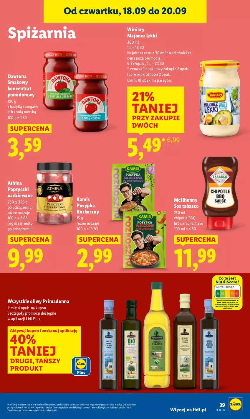 Gazetka promocyjna Lidl - GAZETKA - ważna 18.09 do 20.09.2025 - strona 45 - produkty: Bazyl, Dawtona, Kamis, Koncentrat pomidorowy, Kosz, Majonez, Papryczki nadziewane, Prima, Sos, Sos tabasco, Wazon, Winiary