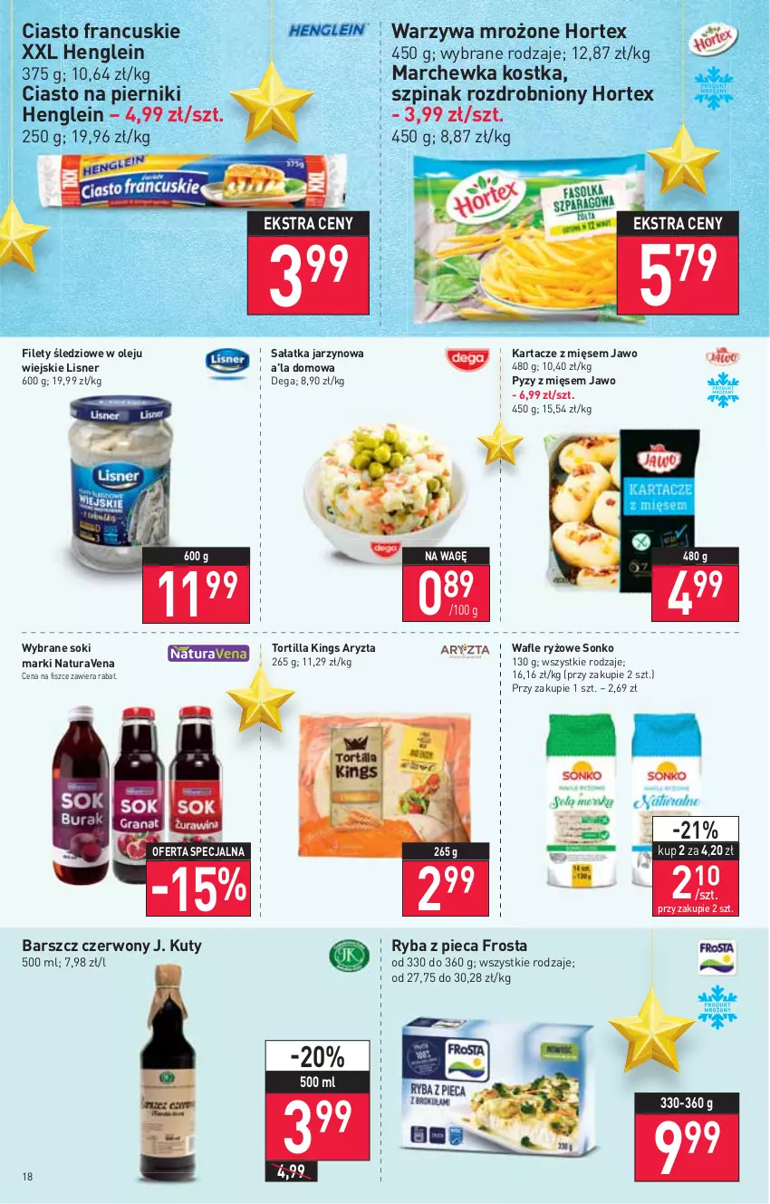 Gazetka promocyjna Stokrotka - Supermarket - ważna 16.12 do 21.12.2021 - strona 18 - produkty: Ciasto francuskie, Dega, Frosta, Hortex, Lisner, Marchewka, Olej, Piec, Piernik, Ryba, Ryż, Sałat, Sałatka, Sok, Sonko, Szpinak, Tortilla, Wafle, Warzywa