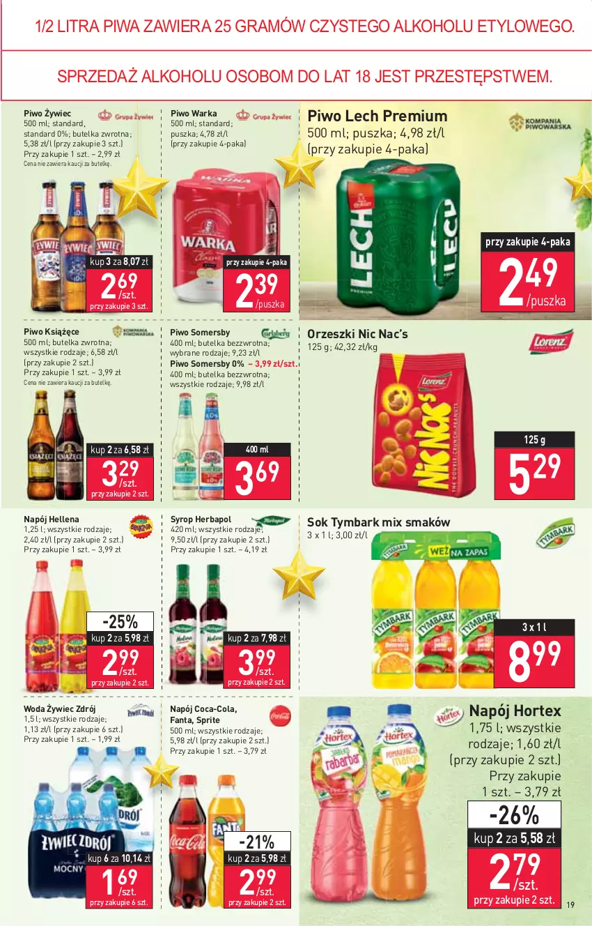 Gazetka promocyjna Stokrotka - Supermarket - ważna 16.12 do 21.12.2021 - strona 19 - produkty: Coca-Cola, Fa, Fanta, Gra, Hellena, Herbapol, Hortex, Książęce, Lech Premium, Napój, Orzeszki, Piwa, Piwo, Sok, Somersby, Sprite, Syrop, Tymbark, Warka, Woda