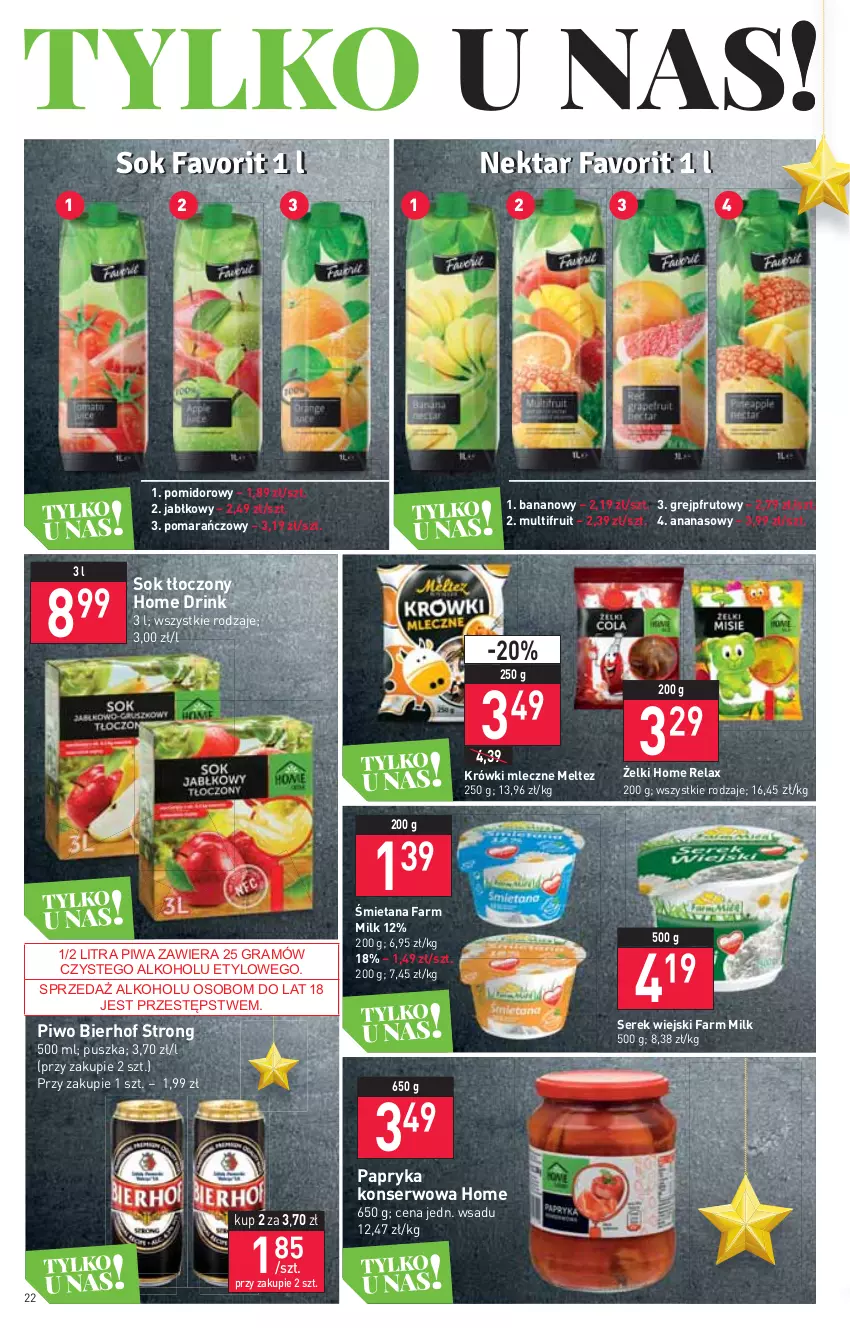 Gazetka promocyjna Stokrotka - Supermarket - ważna 16.12 do 21.12.2021 - strona 22 - produkty: Ananas, Fa, Farm Milk, Gra, Grejpfrut, Krówki mleczne, Papryka, Piwa, Piwo, Ser, Serek, Serek wiejski, Sok