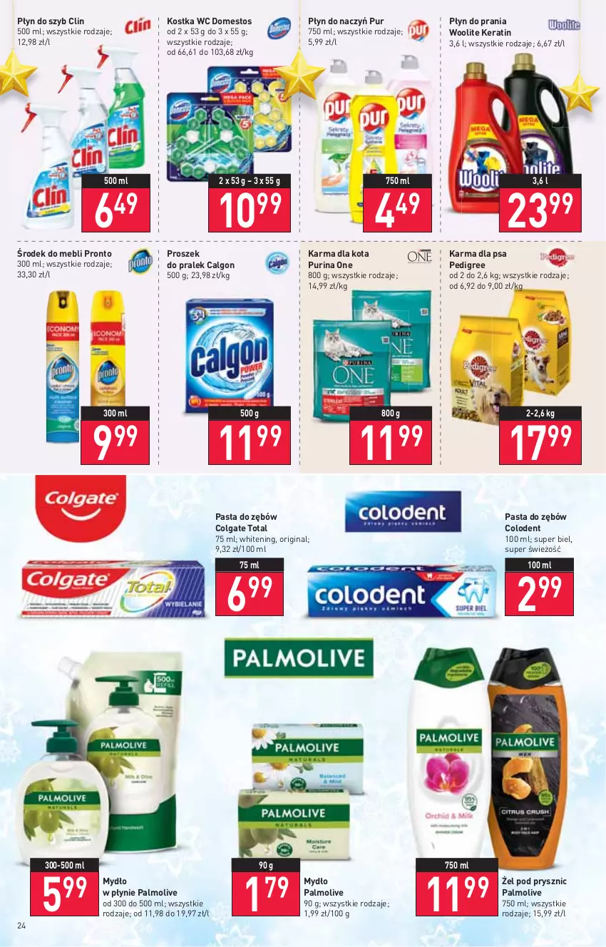 Gazetka promocyjna Stokrotka - Supermarket - ważna 16.12 do 21.12.2021 - strona 24 - produkty: Calgon, Clin, Colgate, Colgate Total, Domestos, Gin, LG, Mydło, Mydło w płynie, Palmolive, Pasta do zębów, Pedigree, Płyn do prania, Płyn do szyb, Pronto, Pur, Purina, Woolite