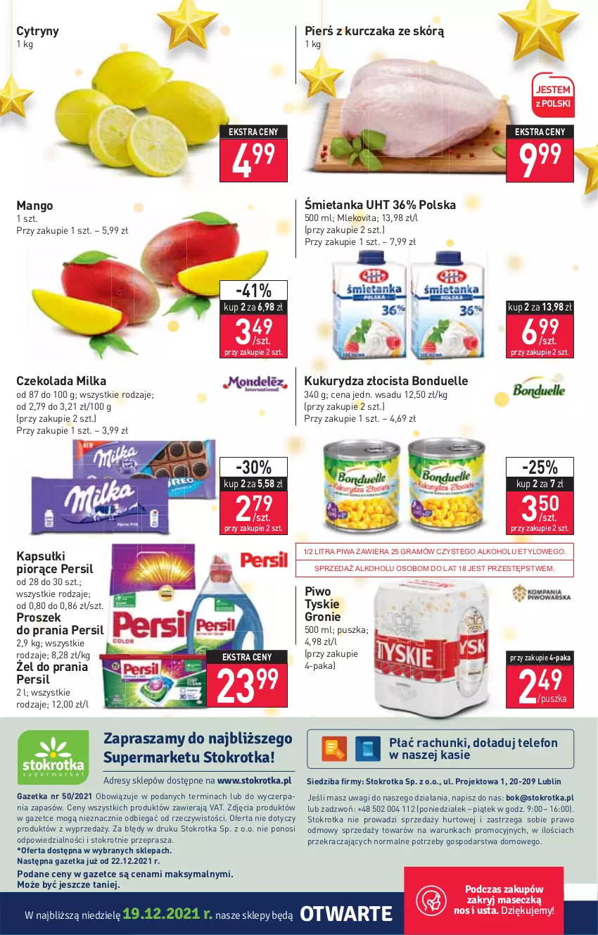 Gazetka promocyjna Stokrotka - Supermarket - ważna 16.12 do 21.12.2021 - strona 28 - produkty: Bonduelle, Cytryny, Czekolada, Gra, Kukurydza, Kurczak, Mango, Milka, Mleko, Mlekovita, O nas, Persil, Piwa, Piwo, Proszek do prania, Telefon, Tyskie, Wagi