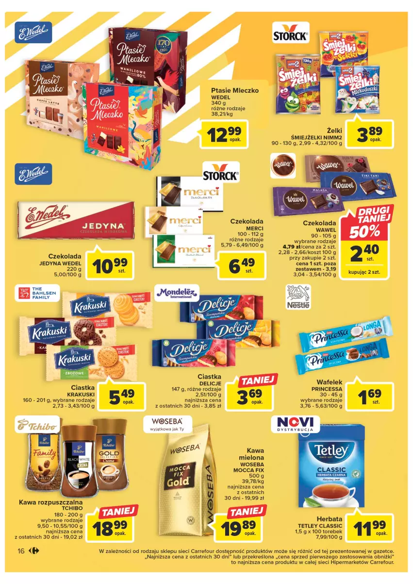 Gazetka promocyjna Carrefour - Gazetka Carrefour - ważna 10.01 do 21.01.2023 - strona 16 - produkty: Ciastka, Czekolada, Delicje, Herbata, Kawa, Kawa mielona, Kawa rozpuszczalna, Kosz, Krakus, Krakuski, Merci, Mleczko, Nimm2, Princessa, Ptasie mleczko, Tchibo, Tetley, Wafelek, Wawel, Woseba