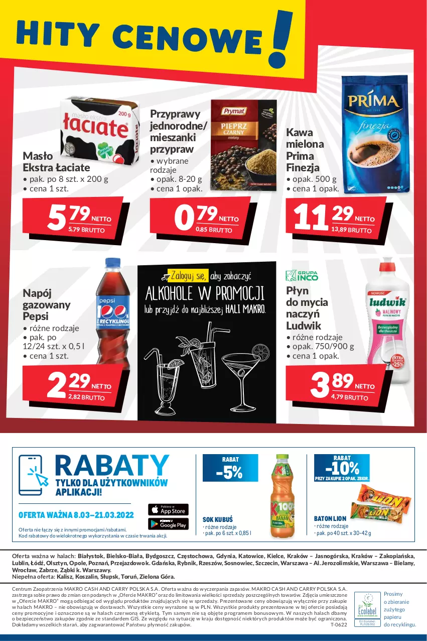 Gazetka promocyjna Makro - [Oferta promocyjna] Artykuły spożywcze i przemysłowe - ważna 08.03 do 21.03.2022 - strona 20 - produkty: Baton, Do mycia naczyń, Gra, Kawa, Kawa mielona, Kosz, Kubuś, Lion, Ludwik, Masło, Napój, Napój gazowany, Papier, Pepsi, Piec, Płyn do mycia, Płyn do mycia naczyń, Prima, Przyprawy, Rum, Sok, Sos, Szal