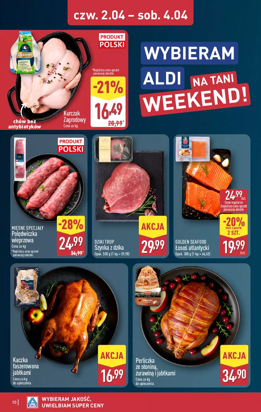 Gazetka promocyjna Aldi - Oferta weekendowa - ważna 02.04 do 04.04.2026 - strona 10 - produkty: Fa, Golden Seafood, Jabłka, Kaczka, Kaczka faszerowana, Kurczak, Mięsne specjały, Perliczka, Piec, Polędwiczka wieprzowa, Szynka