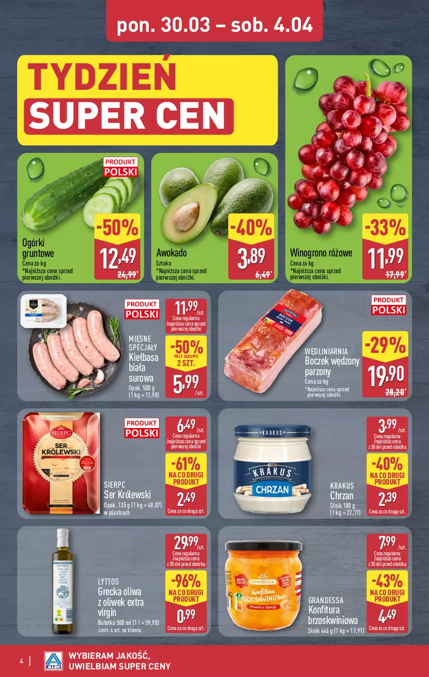 Gazetka promocyjna Aldi - Oferta weekendowa - ważna 02.04 do 04.04.2026 - strona 4 - produkty: Boczek, Chrzan, Gin, Gra, Grunt, Kiełbasa, Kiełbasa biała, Konfitura, Krakus, Królewski, Mięsne specjały, Oliwa, Oliwa z oliwek, Ser, Wino