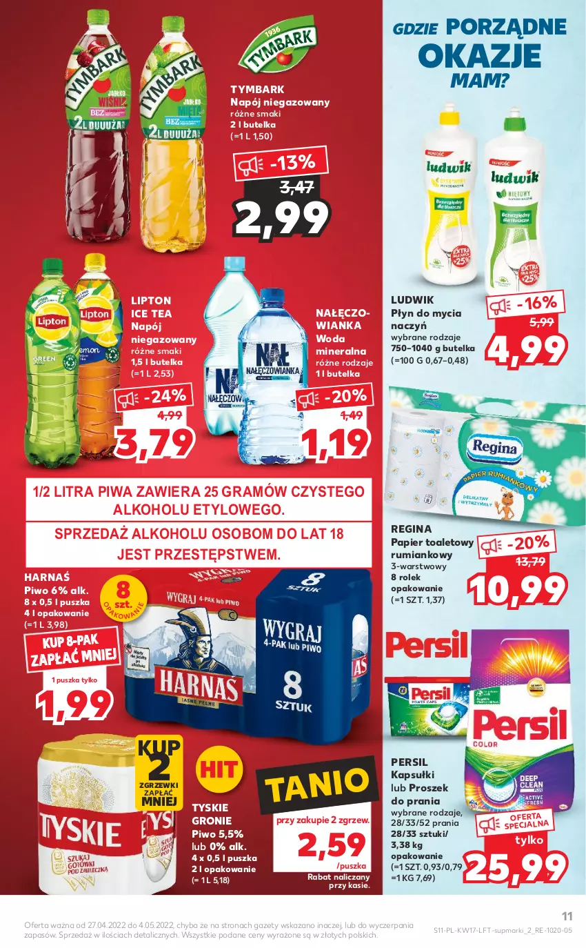 Gazetka promocyjna Kaufland - OFERTA TYGODNIA - ważna 27.04 do 04.05.2022 - strona 11 - produkty: Do mycia naczyń, Gin, Gra, Harnaś, Ice tea, Lipton, Ludwik, Nałęczowianka, Napój, Napój niegazowany, Papier, Papier toaletowy, Persil, Piwa, Piwo, Płyn do mycia, Płyn do mycia naczyń, Por, Proszek do prania, Rum, Tymbark, Tyskie, Woda, Woda mineralna