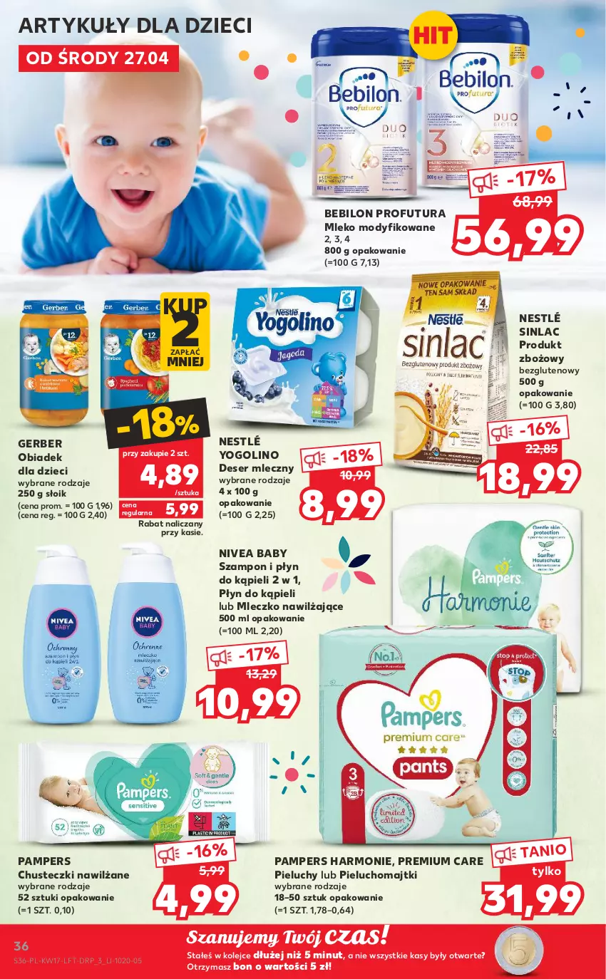 Gazetka promocyjna Kaufland - OFERTA TYGODNIA - ważna 27.04 do 04.05.2022 - strona 36 - produkty: BEBILON, Chusteczki, Deser, Deser mleczny, Dzieci, Gerber, Majtki, Mleczko, Mleko, Mleko modyfikowane, Nestlé, Nivea, Nivea Baby, Olej, Pampers, Pieluchomajtki, Pieluchy, Płyn do kąpieli, Ser, Sinlac, Szampon