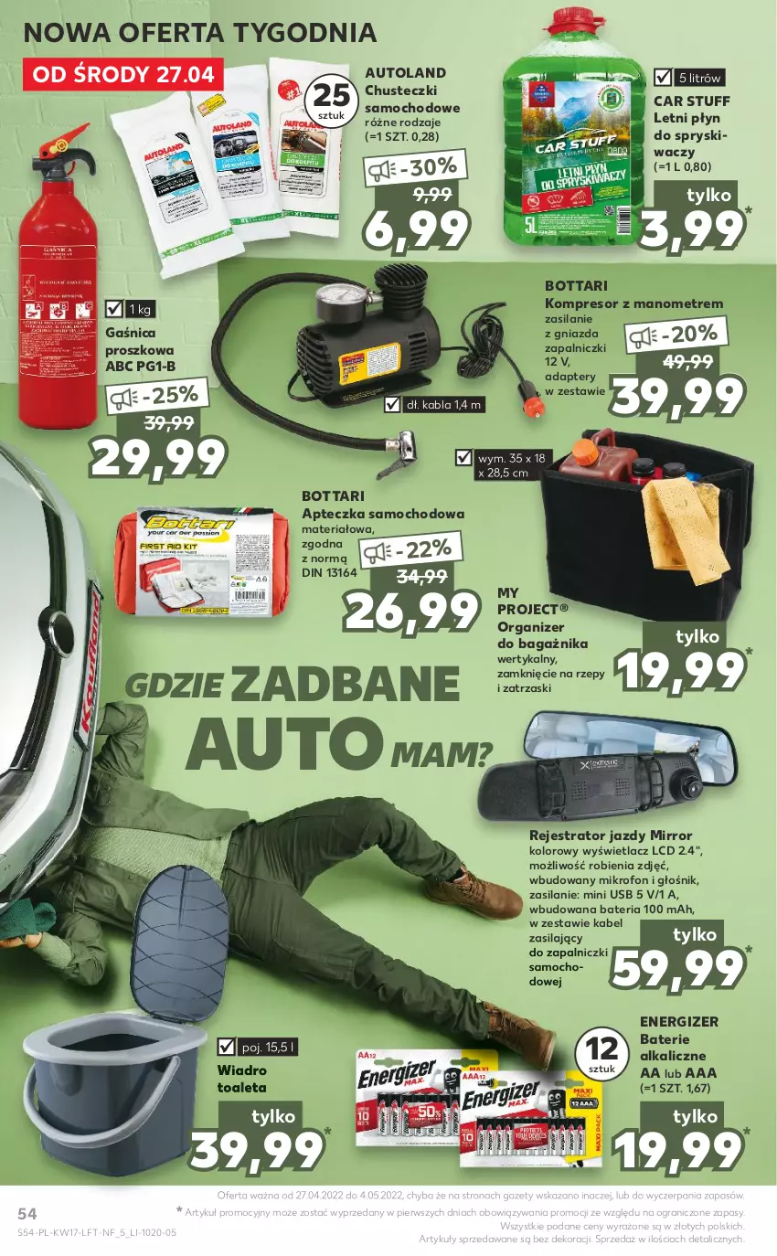 Gazetka promocyjna Kaufland - OFERTA TYGODNIA - ważna 27.04 do 04.05.2022 - strona 54 - produkty: Apteczka samochodowa, Bateria, Baterie alkaliczne, Chusteczki, Energizer, Gaśnica, Głośnik, Gra, Kompresor, Mikrofon, O Bag, Organizer, Płyn do spryskiwaczy, Silan, Wiadro