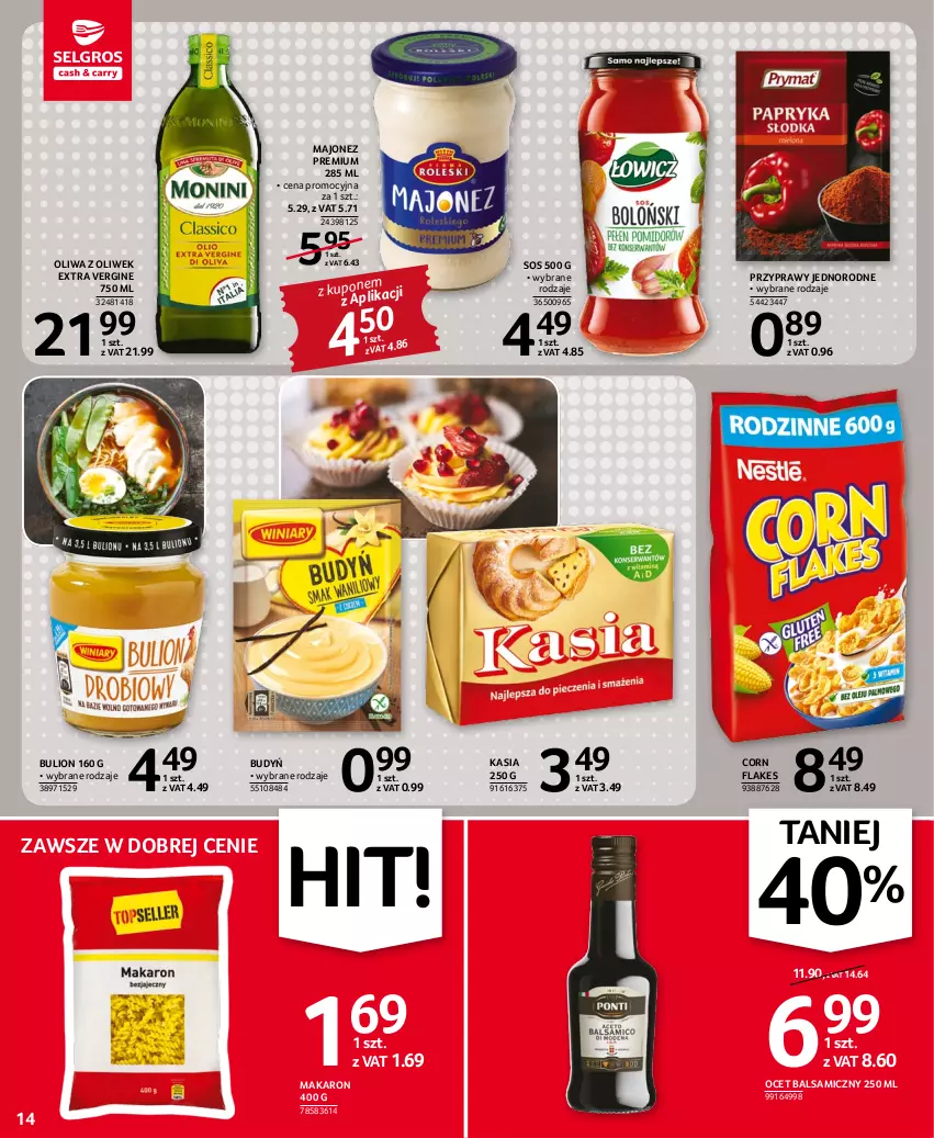 Gazetka promocyjna Selgros - Oferta spożywcza - ważna 03.11 do 16.11.2022 - strona 14 - produkty: Budyń, Bulion, Corn flakes, Gin, Kasia, Lion, Majonez, Makaron, Ocet, Ocet balsamiczny, Oliwa, Oliwa z oliwek, Przyprawy, Sos