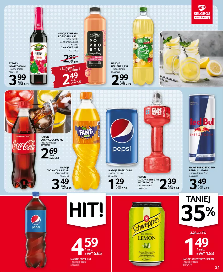 Gazetka promocyjna Selgros - Oferta spożywcza - ważna 03.11 do 16.11.2022 - strona 21 - produkty: Coca-Cola, Hellena, Napój, Napój energetyczny, Napoje, Pepsi, Red Bull, Schweppes, Syrop, Syropy, Tymbark