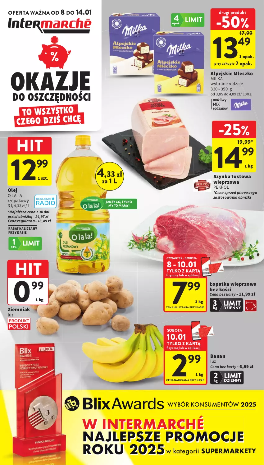Gazetka promocyjna Intermarche - Gazetka promocyjna - ważna 08.01 do 14.01.2026 - strona 1 - produkty: Milka, Mleczko, Olej, Pekpol, Szynka