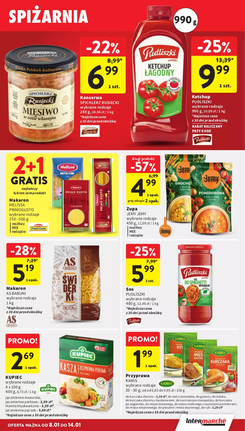 Gazetka promocyjna Intermarche - Gazetka promocyjna - ważna 08.01 do 14.01.2026 - strona 25 - produkty: Babuni, Gra, Kamis, Ketchup, Kupiec, Kurczak, Makaron, Piec, Pudliszki, Ser, Sos, Spichlerz Rusiecki, Zupa