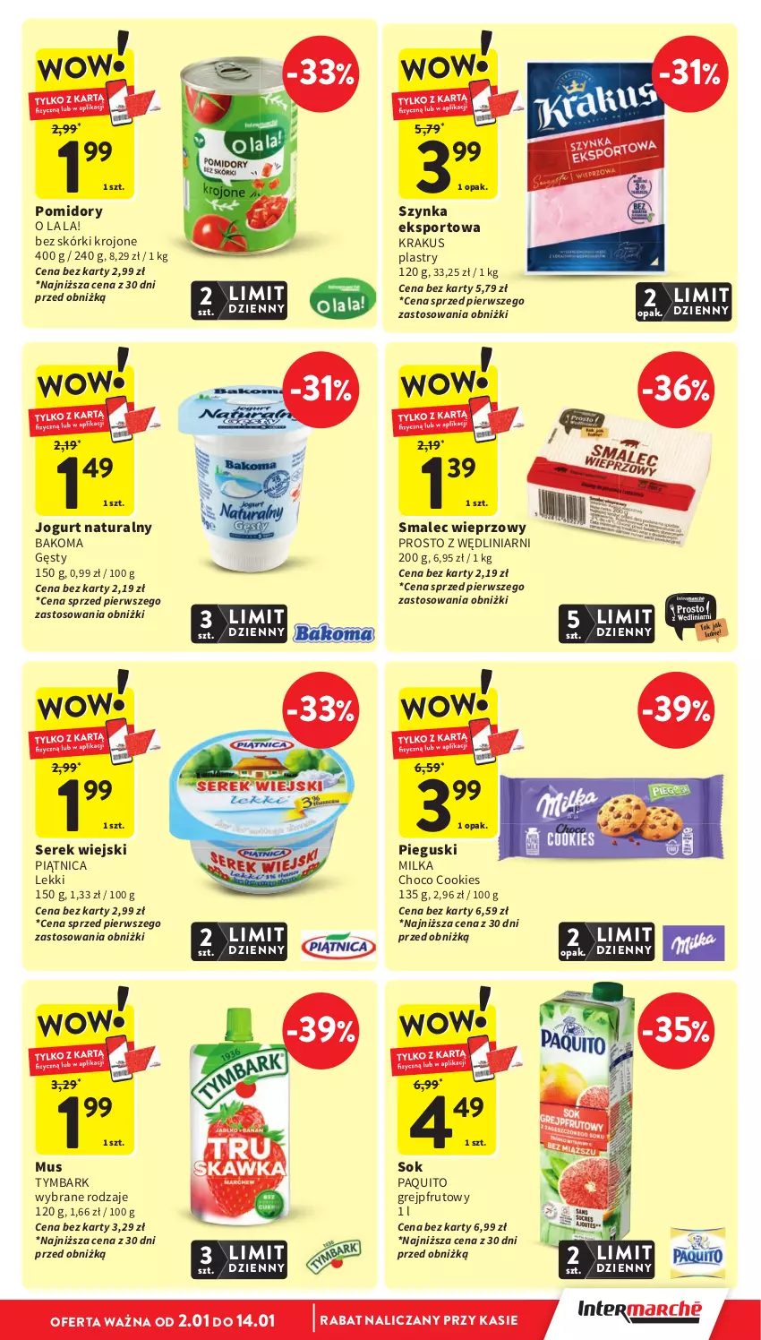 Gazetka promocyjna Intermarche - Gazetka promocyjna - ważna 08.01 do 14.01.2026 - strona 9 - produkty: Bakoma, Grejpfrut, Jogurt, Jogurt naturalny, Krakus, Milka, Mus, Piątnica, Pomidory, Por, Ser, Serek, Serek wiejski, Smalec, Sok, Sport, Szynka, Tymbark