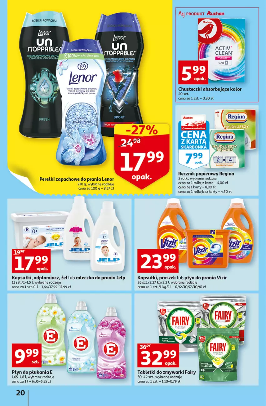 Gazetka promocyjna Auchan - Gazetka przeNISKIE CENY – Przekorzyści cenowe Hipermarkety - ważna 22.09 do 28.09.2022 - strona 20 - produkty: Chusteczki, Fa, Fairy, Gin, Jaja, Lenor, Mleczko, Mleczko do prania, Odplamiacz, Papier, Perełki zapachowe, Płyn do płukania, Płyn do prania, Por, Ręcznik, Rolki, Tablet, Tabletki do zmywarki, Top, Vizir, Zmywarki