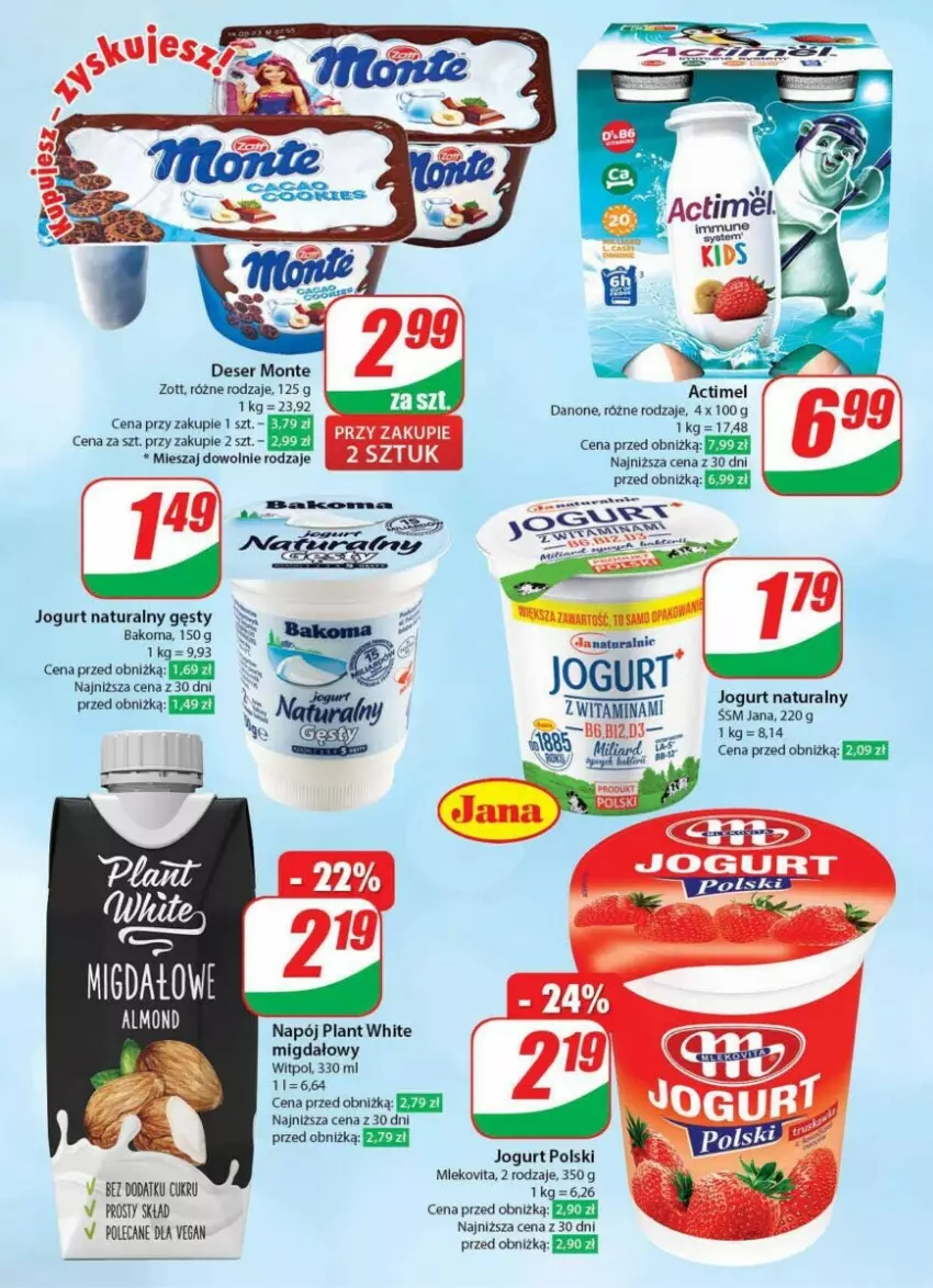 Gazetka promocyjna Dino - ważna 17.01 do 23.01.2024 - strona 24 - produkty: Actimel, Bakoma, Danone, Deser, Fa, Jogurt, Jogurt naturalny, LANA, Mleko, Mlekovita, Monte, Napój, Ser, Zott