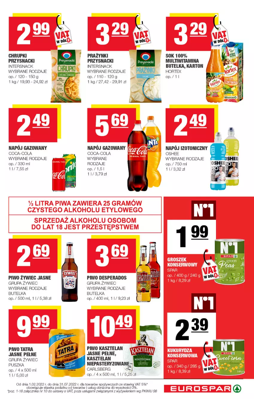 Gazetka promocyjna Spar - EuroSpar - ważna 14.03 do 24.03.2022 - strona 11 - produkty: Carlsberg, Chrupki, Coca-Cola, Desperados, Hortex, Kasztelan, Oshee, Piwo, Przysnacki, Sok, Tatra