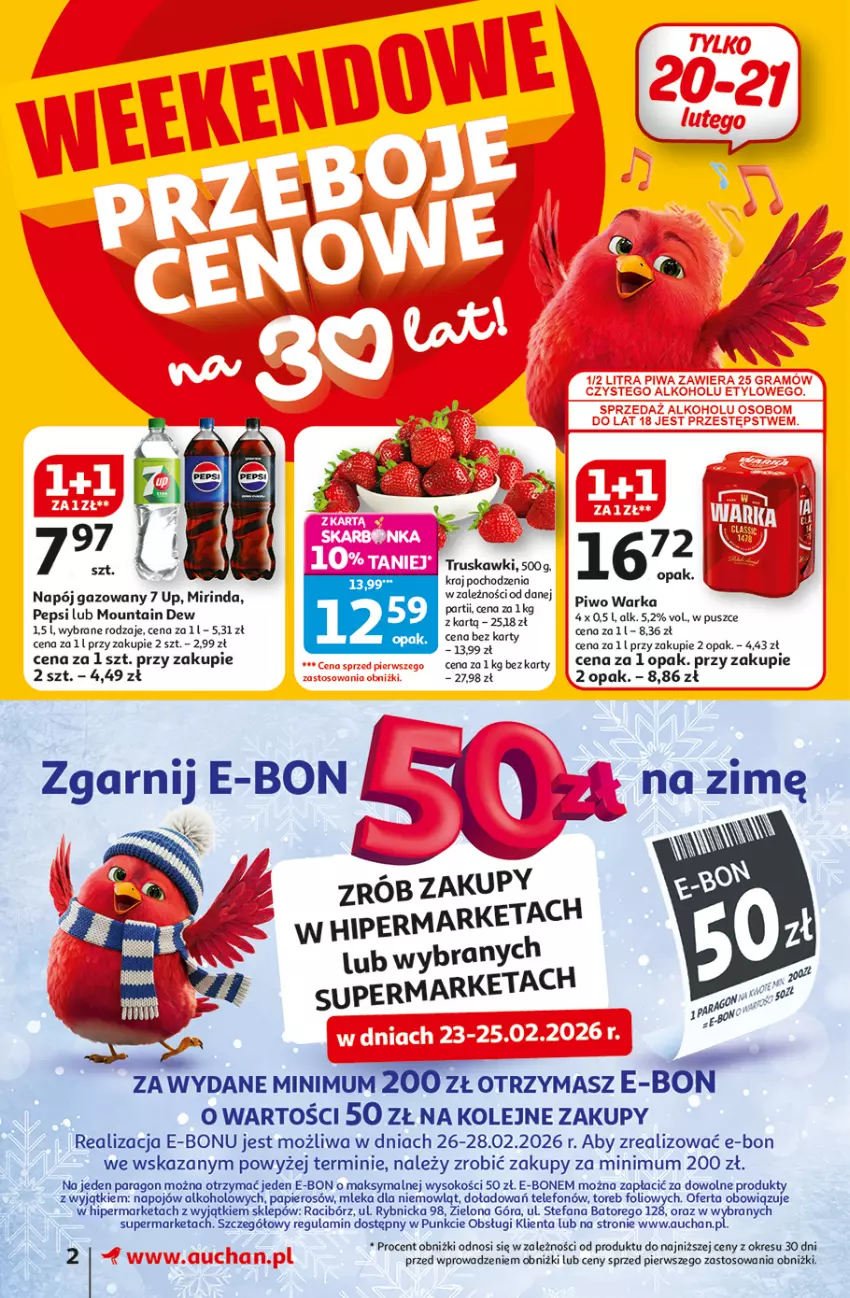 Gazetka promocyjna Auchan - 30 Lat Supermarket Auchan Franczyza - ważna 19.02 do 25.02.2026 - strona 2 - produkty: Fa, Mirinda, Napój, Napój gazowany, Olej, Papier, Pepsi, Piwo, Sok, Telefon, Warka