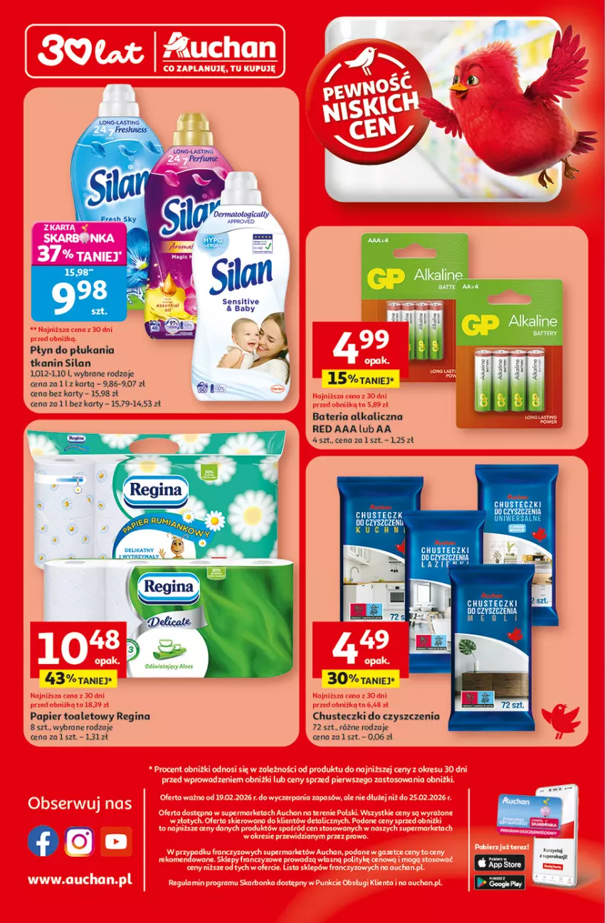 Gazetka promocyjna Auchan - 30 Lat Supermarket Auchan Franczyza - ważna 19.02 do 25.02.2026 - strona 4 - produkty: Bateria, Chusteczki, Chusteczki do czyszczenia, Fa, Gin, Papier, Papier toaletowy, Płyn do płukania, Silan