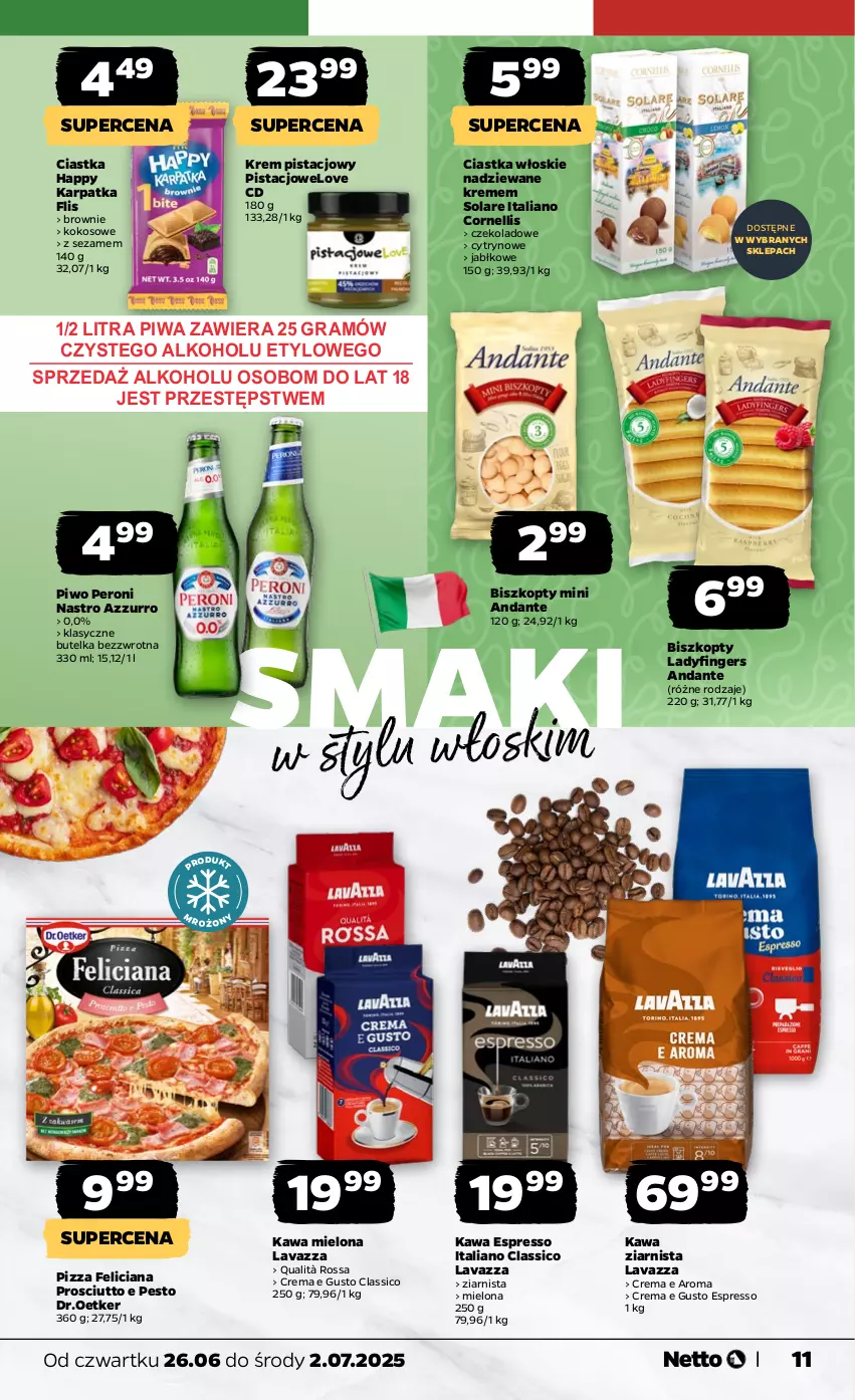 Gazetka promocyjna Netto - Od Czwartku - ważna 26.06 do 02.07.2025 - strona 11 - produkty: Biszkopty, Brownie, Ciastka, Feliciana, Gra, Karp, Kawa, Kawa mielona, Kawa ziarnista, Kokos, Krem pistacjowy, Lavazza, Pesto, Piwa, Piwo, Pizza, Prosciutto, Sezam