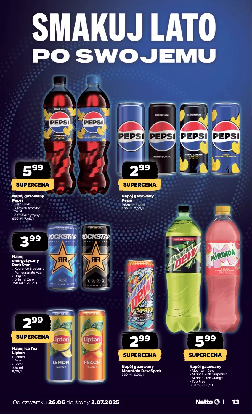 Gazetka promocyjna Netto - Od Czwartku - ważna 26.06 do 02.07.2025 - strona 13 - produkty: 7up, Cytryny, Gin, Gra, Granat, Ice tea, Lipton, Mirinda, Napój, Napój energetyczny, Napój gazowany, Pepsi