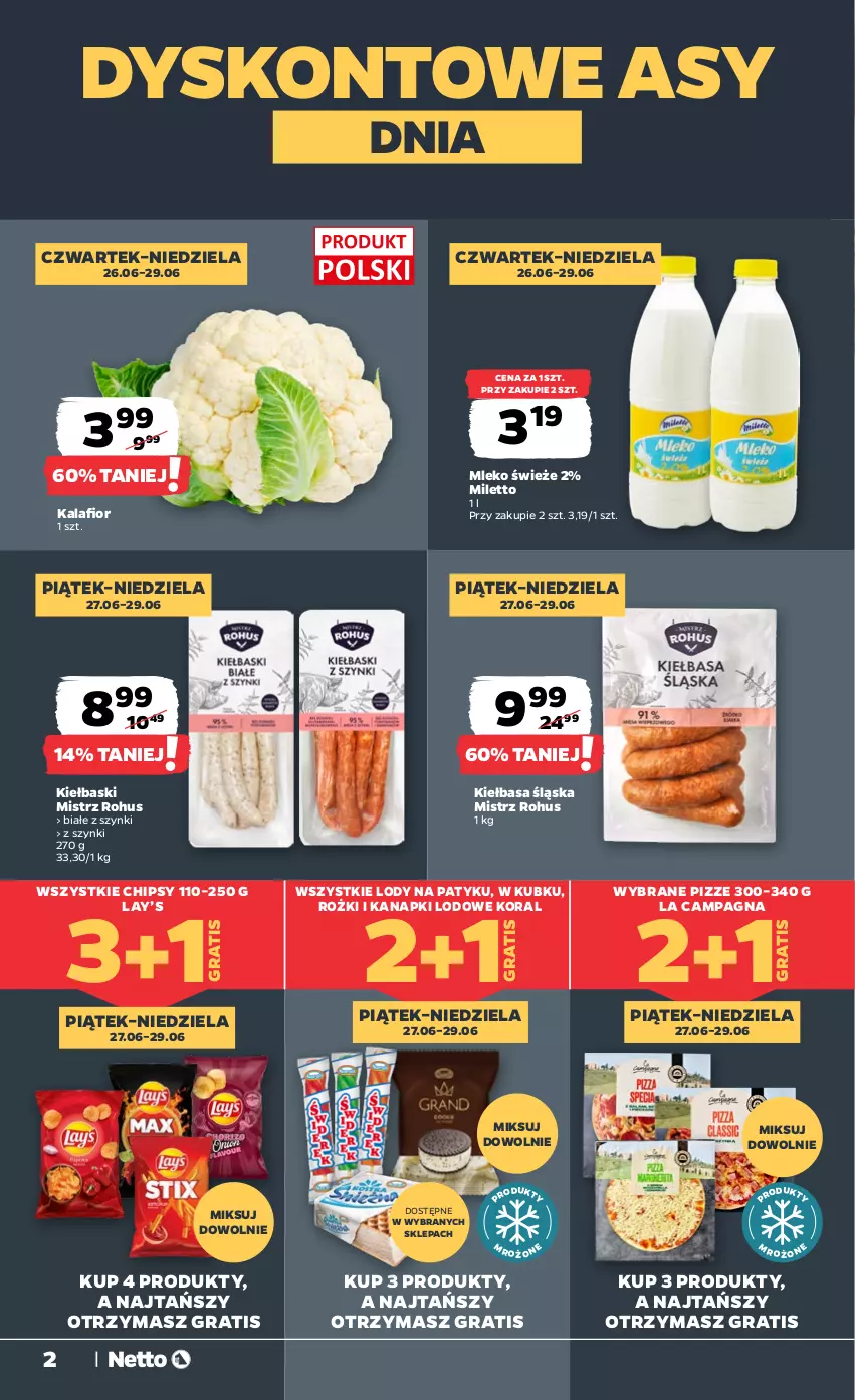 Gazetka promocyjna Netto - Od Czwartku - ważna 26.06 do 02.07.2025 - strona 2 - produkty: Chipsy, Gra, Grill, Kalafior, Kiełbasa, Kiełbasa śląska, Lay’s, Lody, Mleko