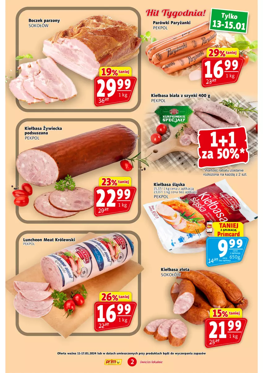 Gazetka promocyjna Prim Market - ważna 11.01 do 17.01.2024 - strona 2 - produkty: Boczek, Clin, Kiełbasa, Kiełbasa biała, Kiełbasa śląska, Królewski, Parówki, Pekpol, Ryż, Sok, Sokołów