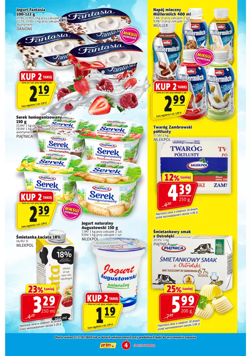 Gazetka promocyjna Prim Market - ważna 11.01 do 17.01.2024 - strona 4 - produkty: Jogurt, Jogurt naturalny, LG, Napój, Napój mleczny, Piątnica, Ser, Serek, Serek homogenizowany, Twaróg