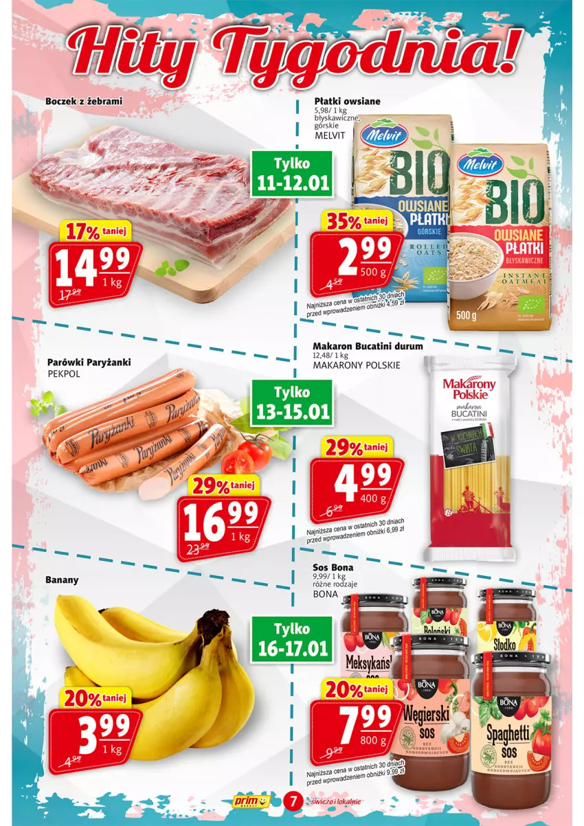 Gazetka promocyjna Prim Market - ważna 11.01 do 17.01.2024 - strona 7 - produkty: Makaron, Melvit, Parówki, Pekpol, Płatki owsiane, Ryż