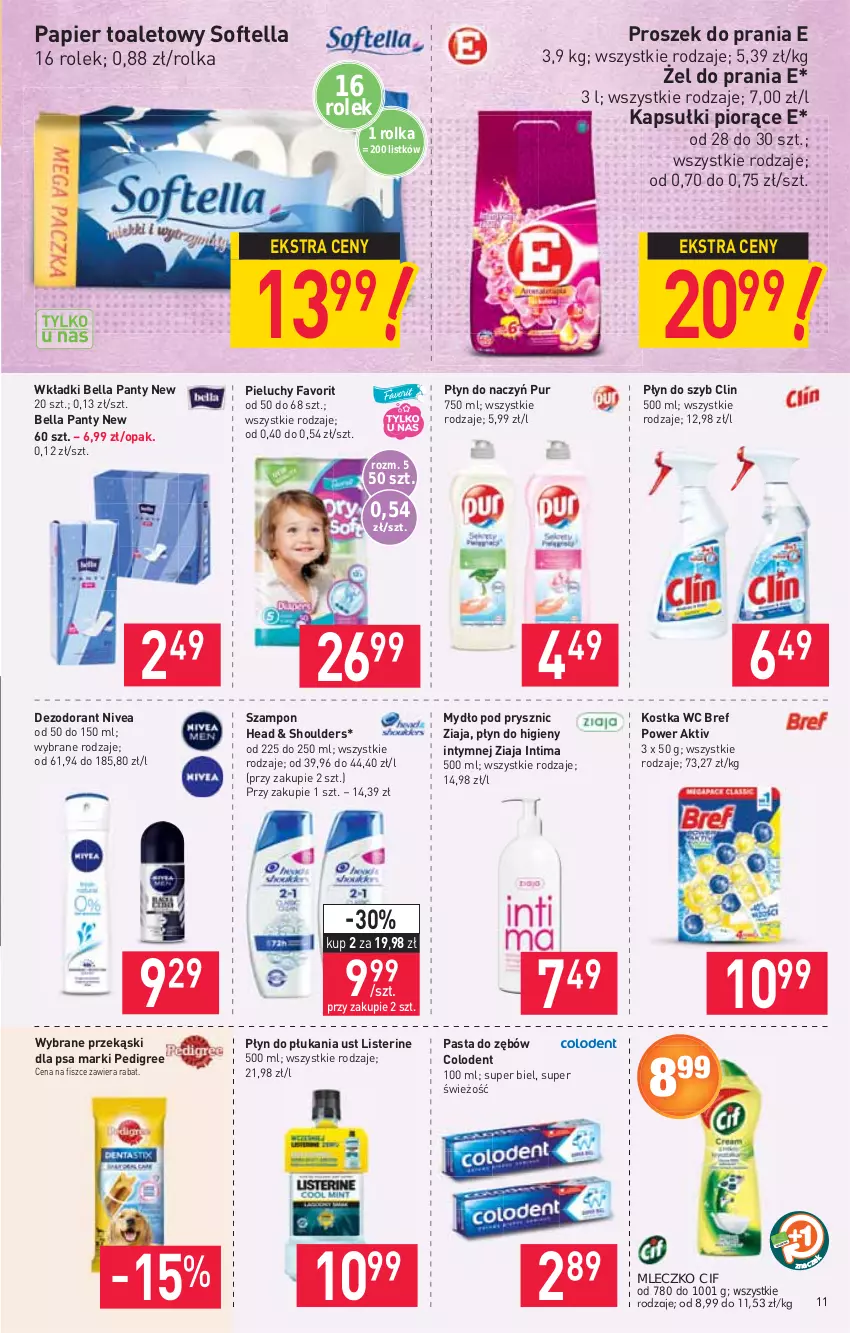 Gazetka promocyjna Stokrotka - Market - ważna 10.06 do 16.06.2021 - strona 11 - produkty: Bell, Bella, Bref, Cif, Clin, Dezodorant, Fa, Listerine, Mleczko, Mydło, Nivea, Papier, Papier toaletowy, Pasta do zębów, Pedigree, Pieluchy, Płyn do higieny intymnej, Płyn do płukania, Płyn do szyb, Proszek do prania, Przekąski dla psa, Pur, Szampon, Wkładki, Ziaja