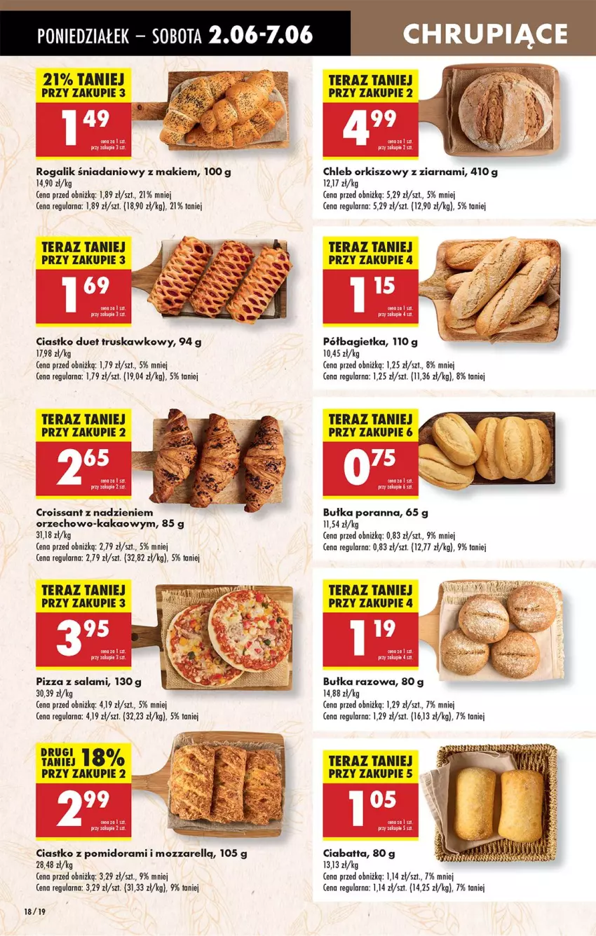 Gazetka promocyjna Biedronka - Od Poniedziałku - ważna 02.06 do 07.06.2025 - strona 22 - produkty: Bagietka, Bułka, Chleb, Croissant, Danio, Kakao, Pizza, Półbagietka, Por, Rogal, Salami, Stek, Tera