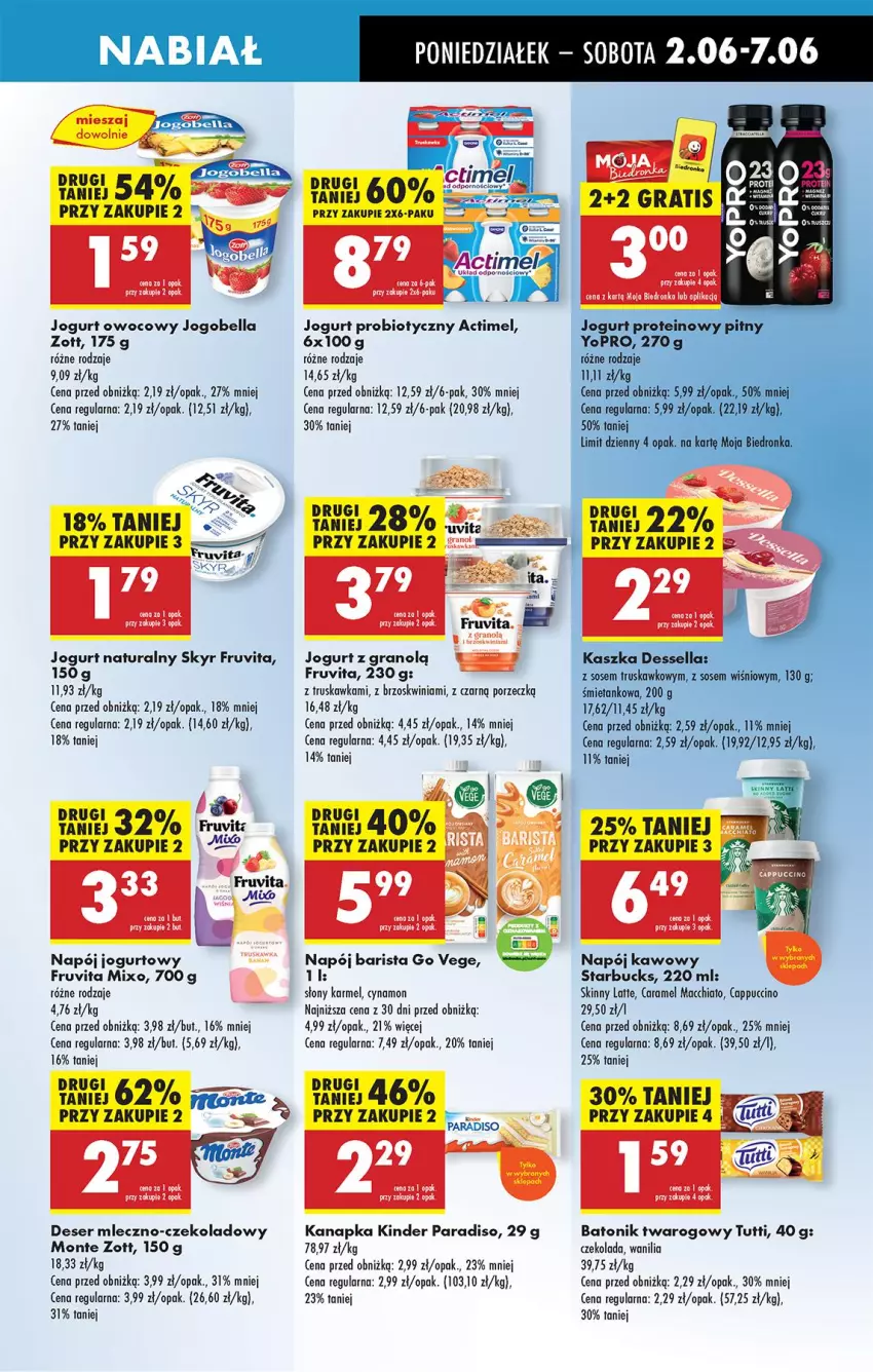 Gazetka promocyjna Biedronka - Od Poniedziałku - ważna 02.06 do 07.06.2025 - strona 33 - produkty: Actimel, Baton, Batonik twarogowy, Bell, Bella, Cappuccino, Chia, Czekolada, Deser, Gra, Jogobella, Jogurt, Jogurt naturalny, Jogurt owocowy, Kinder, Monte, Napój, Napój jogurtowy, Por, Ser, Tonik, Zott