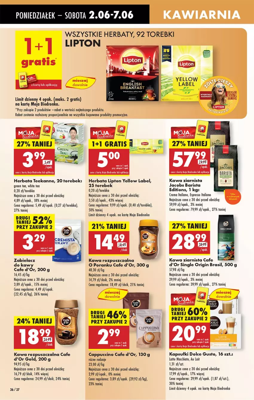 Gazetka promocyjna Biedronka - Od Poniedziałku - ważna 02.06 do 07.06.2025 - strona 40 - produkty: Cappuccino, Chia, Dolce Gusto, Fa, Gin, Gra, Herbata, Jacobs, Kawa, Kawa rozpuszczalna, Kawa ziarnista, Lipton, Por, Teekanne, Torebka