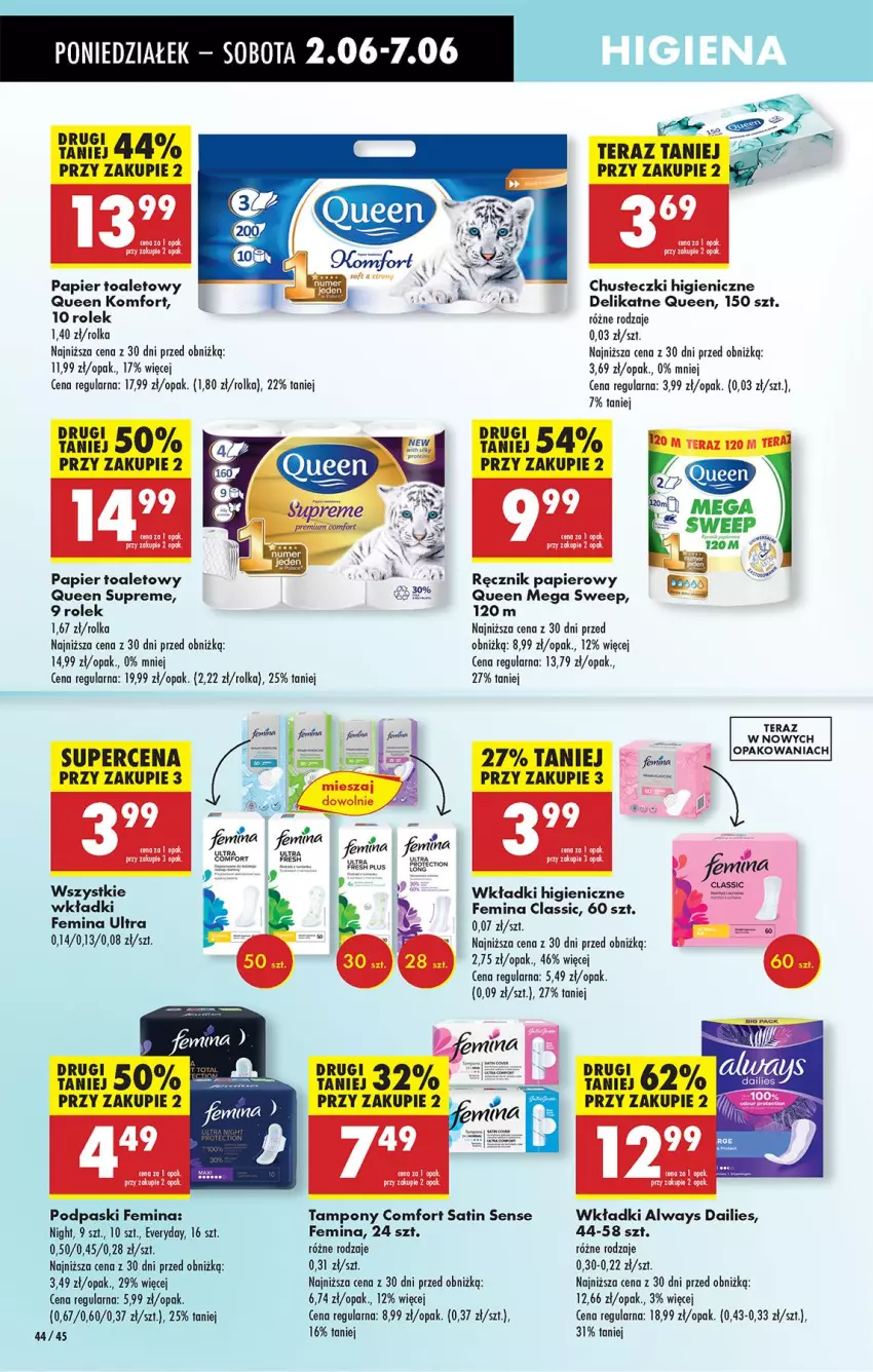 Gazetka promocyjna Biedronka - Od Poniedziałku - ważna 02.06 do 07.06.2025 - strona 48 - produkty: Always, Chusteczki, Papier, Papier toaletowy, Podpaski, Ręcznik, Sati, Tampony, Tera, Wkładki